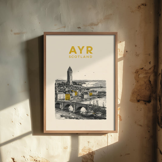 Ayr Scotland Travel Poster - Vintage Duotone Art Print - Engraved City Illustration - Wallace Tower and Harbour 2/3
