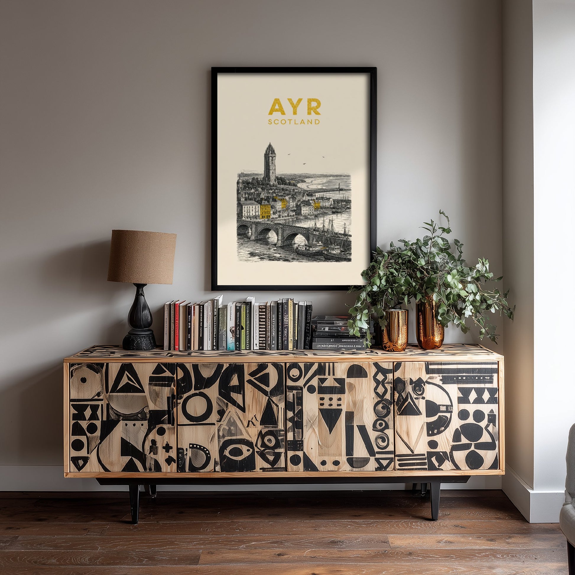 Ayr Scotland Travel Poster - Vintage Duotone Art Print - Engraved City Illustration - Wallace Tower and Harbour 2/3