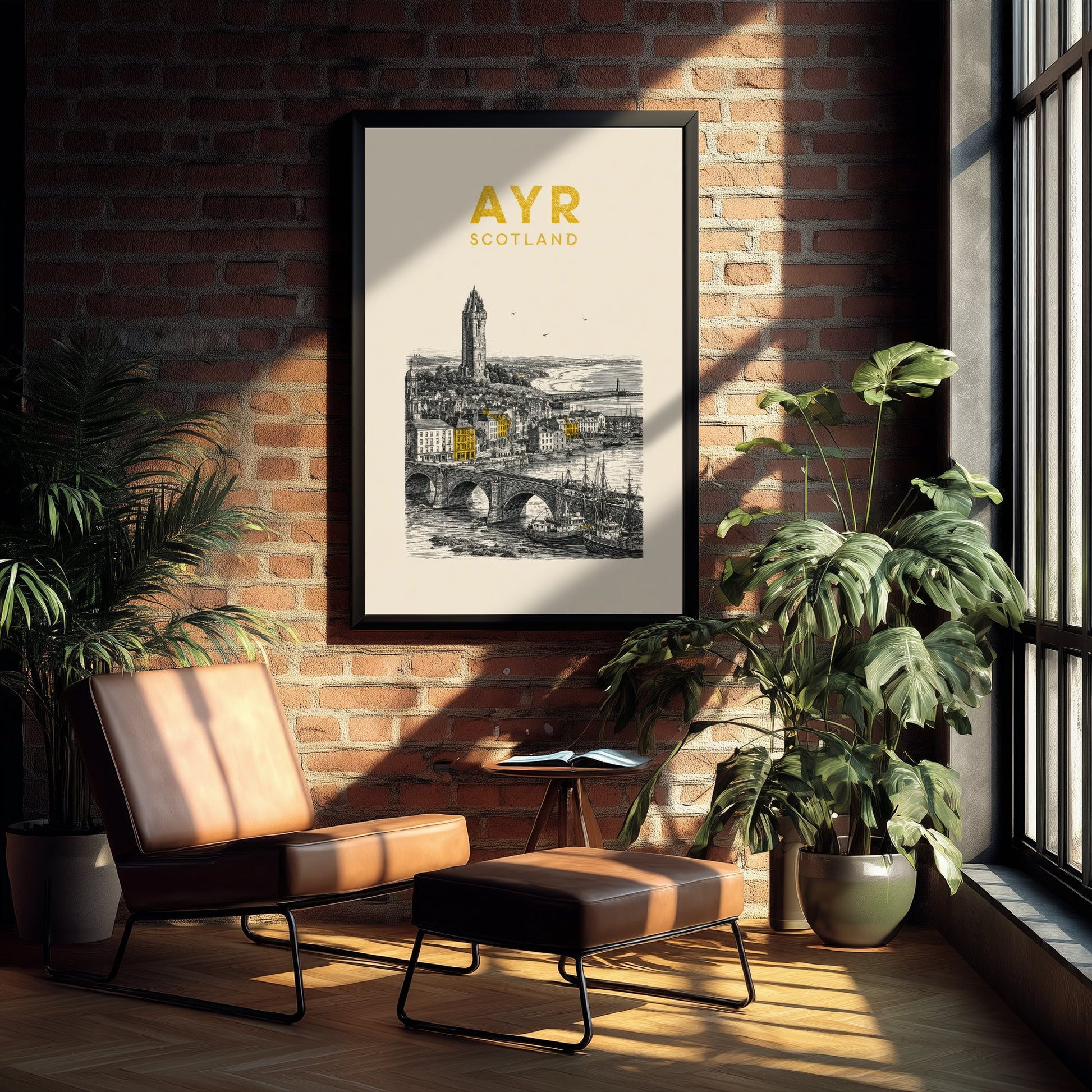 Ayr Scotland Travel Poster - Vintage Duotone Art Print - Engraved City Illustration - Wallace Tower and Harbour 2/3