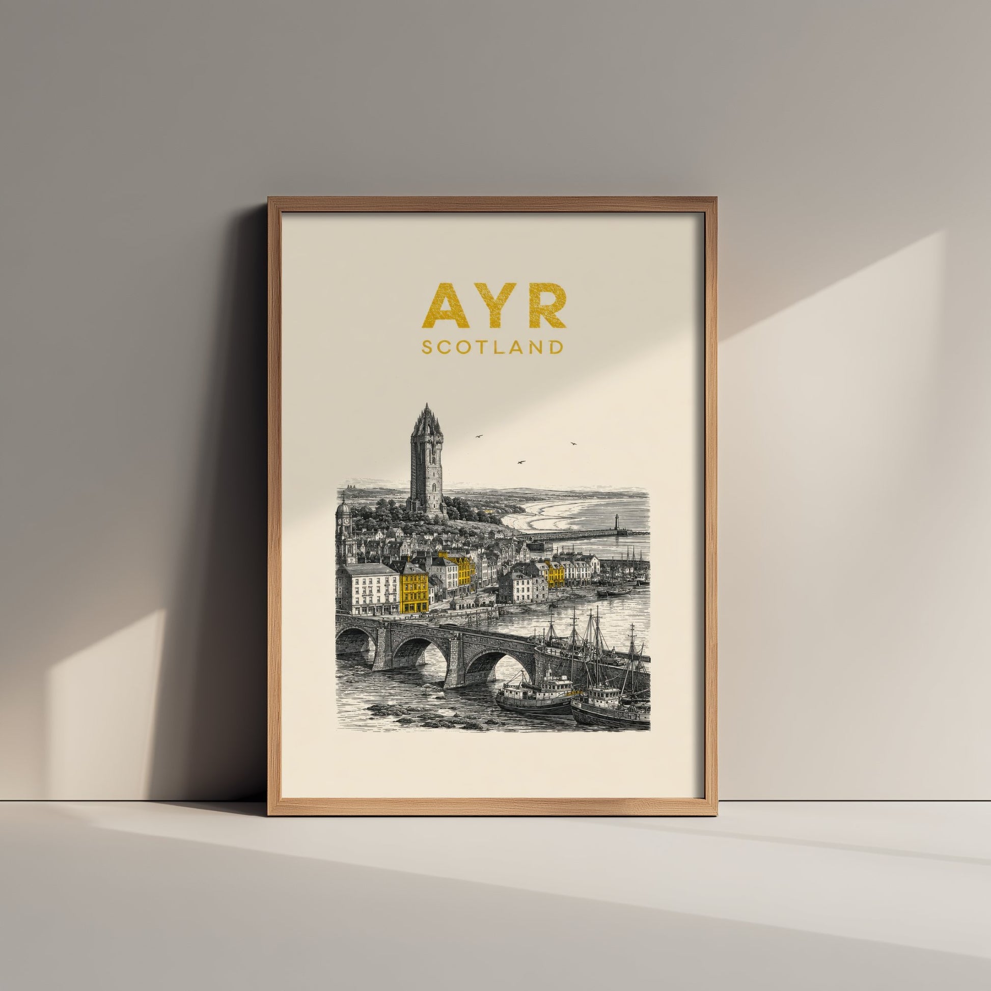 Ayr Scotland Travel Poster - Vintage Duotone Art Print - Engraved City Illustration - Wallace Tower and Harbour 2/3