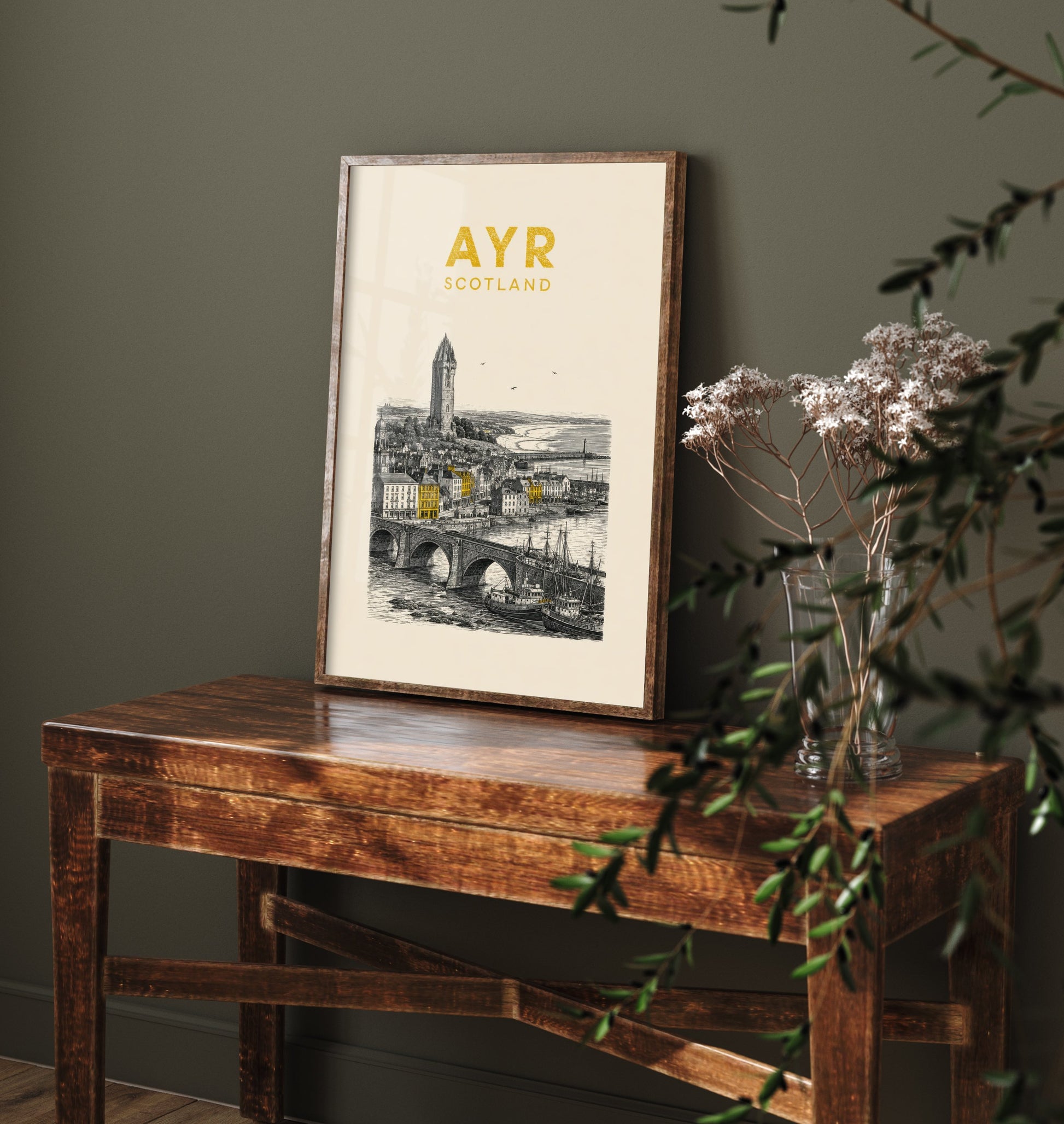 Ayr Scotland Travel Poster - Vintage Duotone Art Print - Engraved City Illustration - Wallace Tower and Harbour 2/3