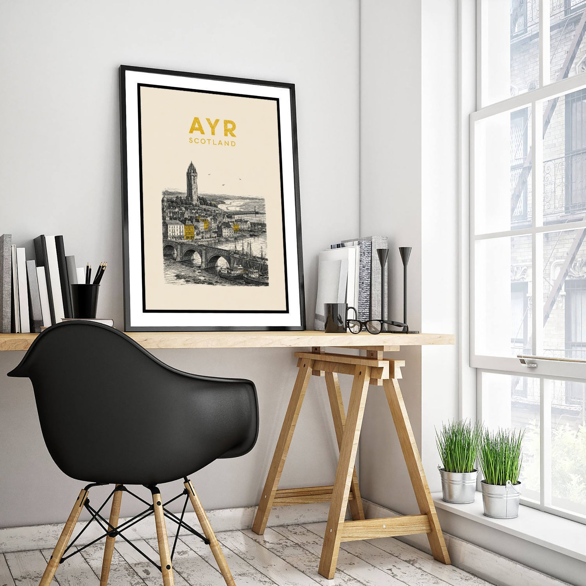 Ayr Scotland Travel Poster - Vintage Duotone Art Print - Engraved City Illustration - Wallace Tower and Harbour 2/3