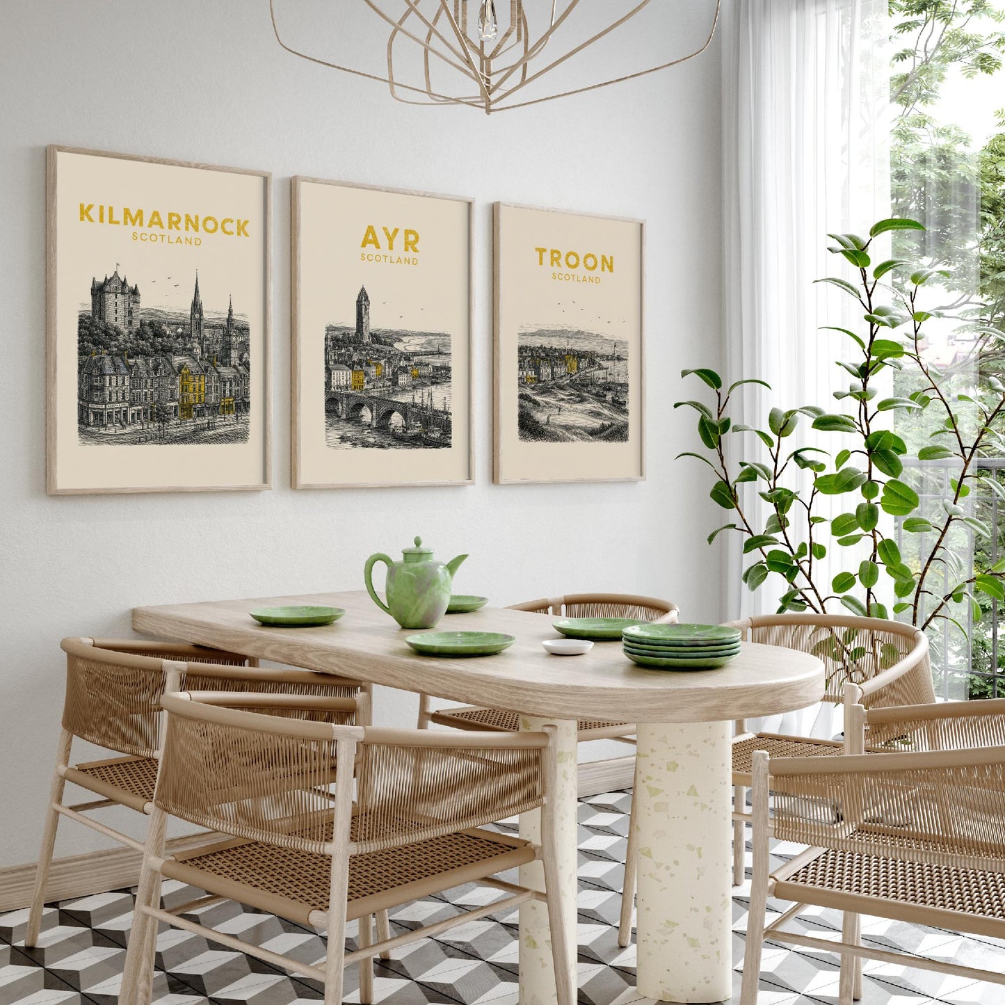 Set of Three Ayrshire Travel Posters - Kilmarnock, Ayr, Troon - Vintage Duotone Art Prints - Scotland Illustration Gift