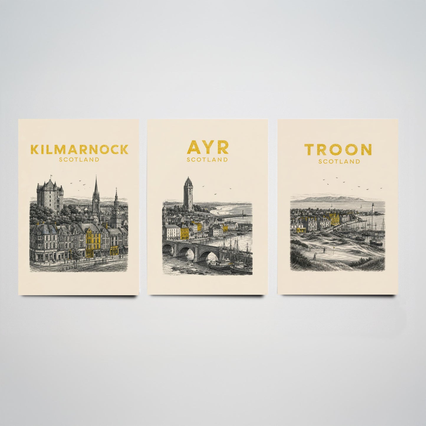 Set of Three Ayrshire Travel Posters - Kilmarnock, Ayr, Troon - Vintage Duotone Art Prints - Scotland Illustration Gift