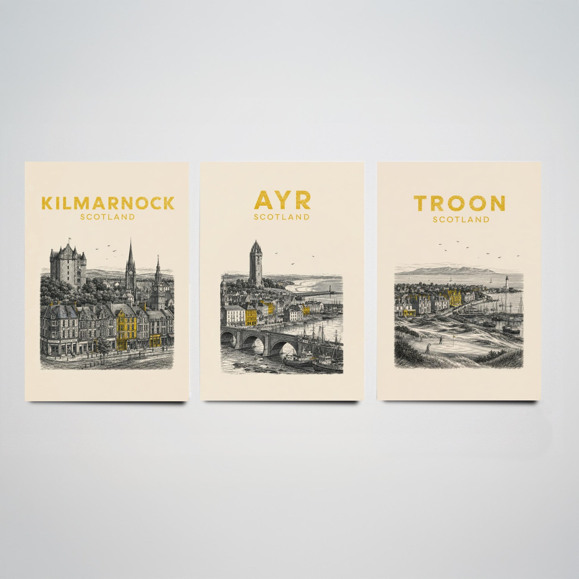 Set of Three Ayrshire Travel Posters - Kilmarnock, Ayr, Troon - Vintage Duotone Art Prints - Scotland Illustration Gift