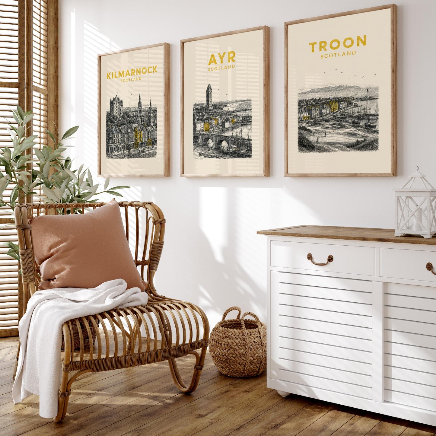 Set of Three Ayrshire Travel Posters - Kilmarnock, Ayr, Troon - Vintage Duotone Art Prints - Scotland Illustration Gift