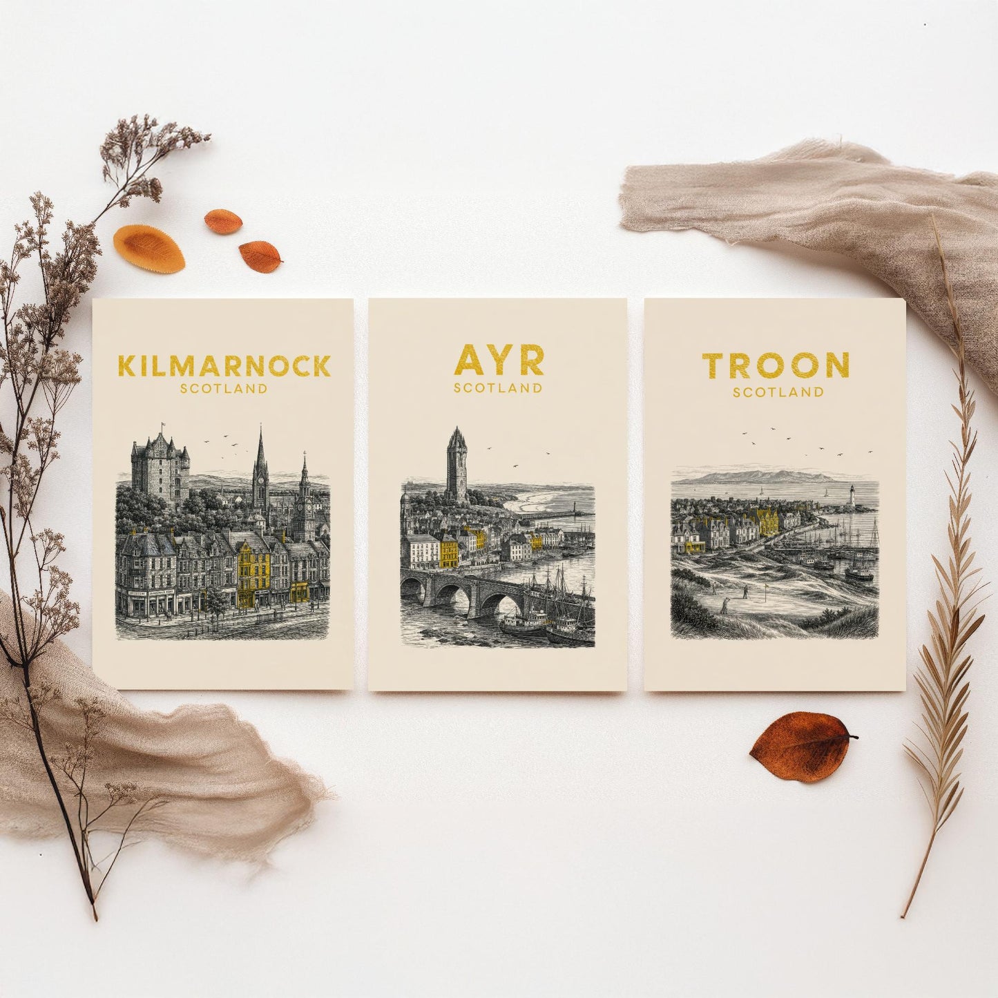 Set of Three Ayrshire Travel Posters - Kilmarnock, Ayr, Troon - Vintage Duotone Art Prints - Scotland Illustration Gift