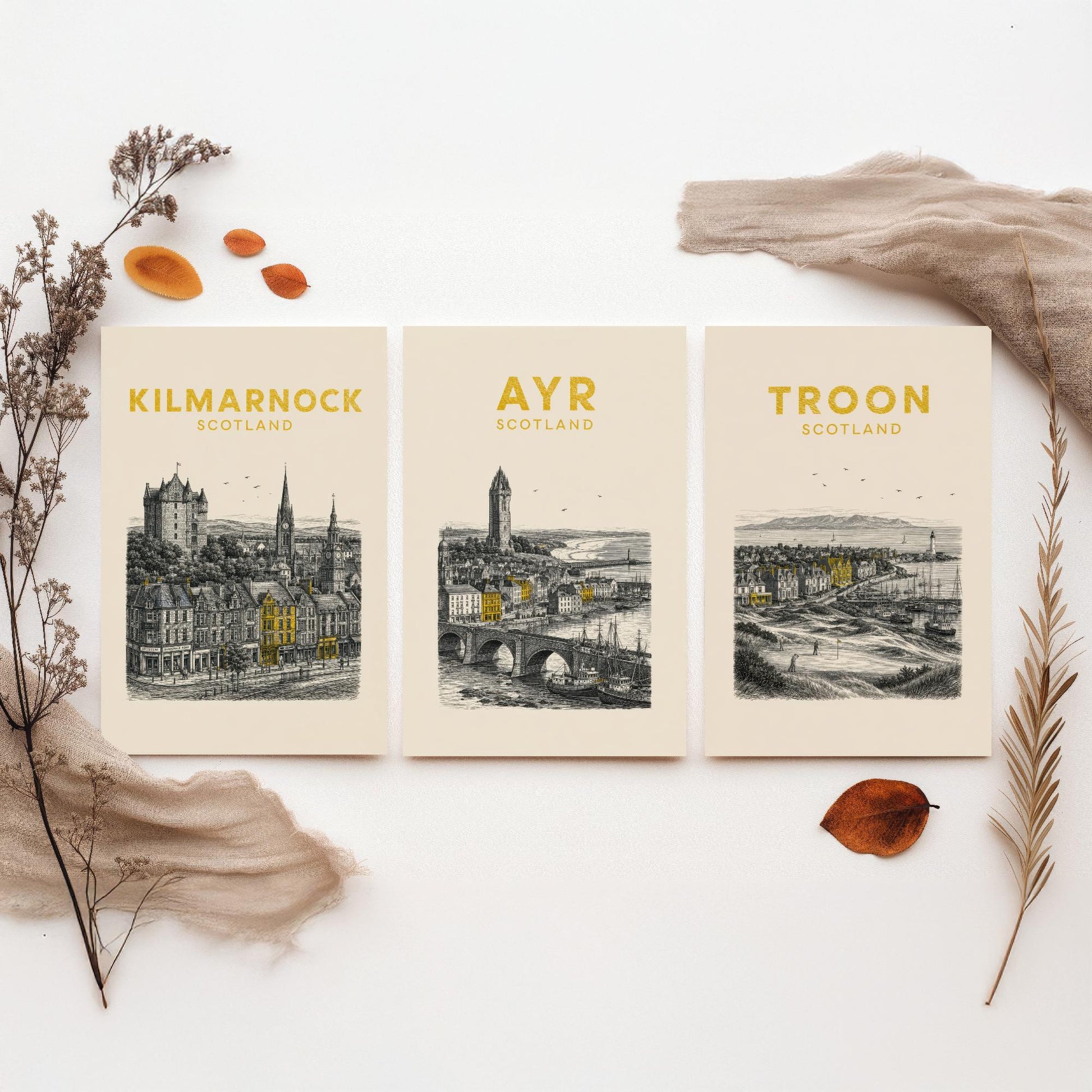 Set of Three Ayrshire Travel Posters - Kilmarnock, Ayr, Troon - Vintage Duotone Art Prints - Scotland Illustration Gift