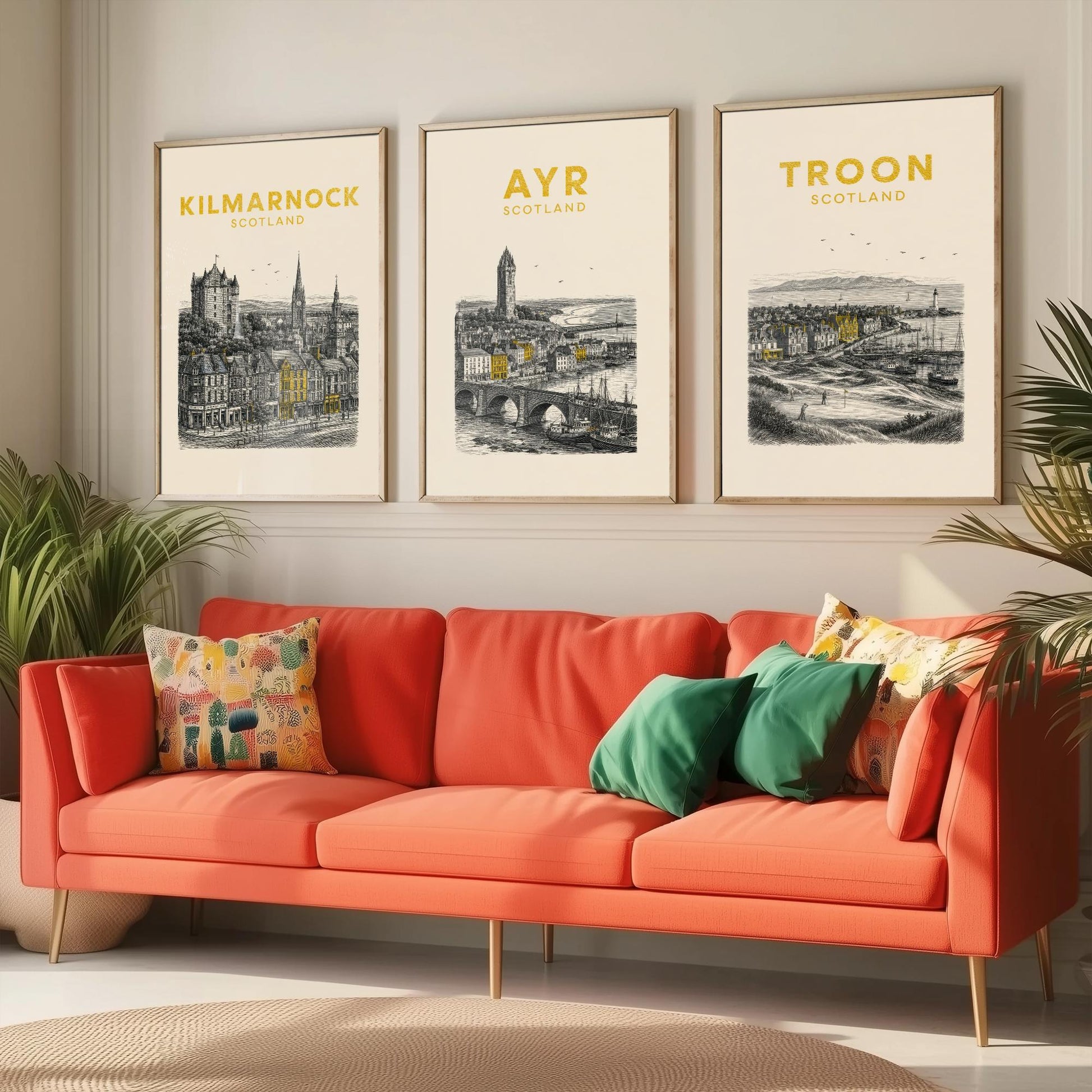 Set of Three Ayrshire Travel Posters - Kilmarnock, Ayr, Troon - Vintage Duotone Art Prints - Scotland Illustration Gift