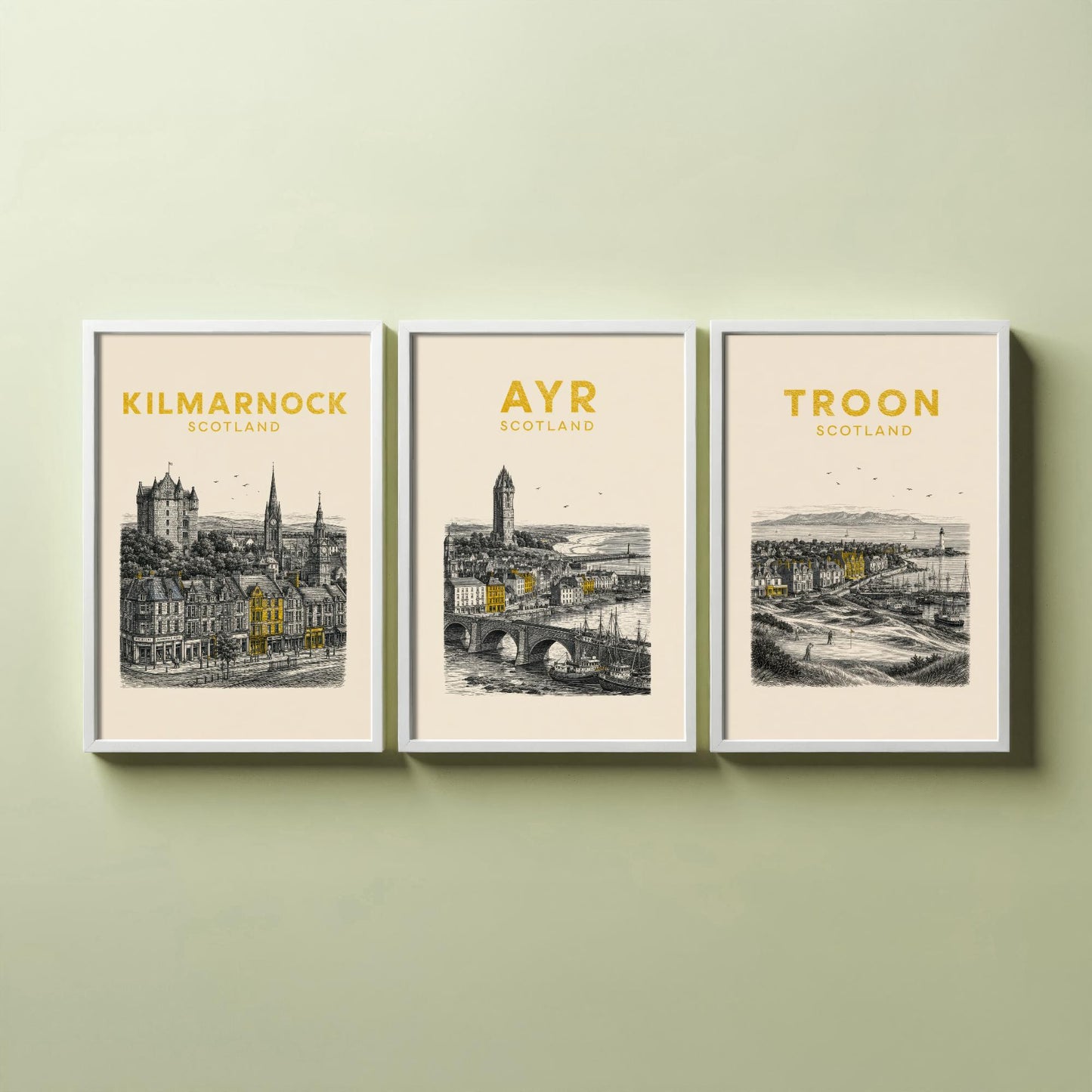 Set of Three Ayrshire Travel Posters - Kilmarnock, Ayr, Troon - Vintage Duotone Art Prints - Scotland Illustration Gift