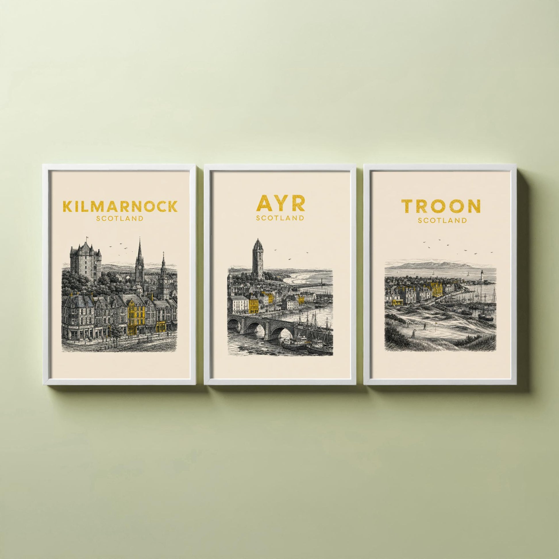 Set of Three Ayrshire Travel Posters - Kilmarnock, Ayr, Troon - Vintage Duotone Art Prints - Scotland Illustration Gift