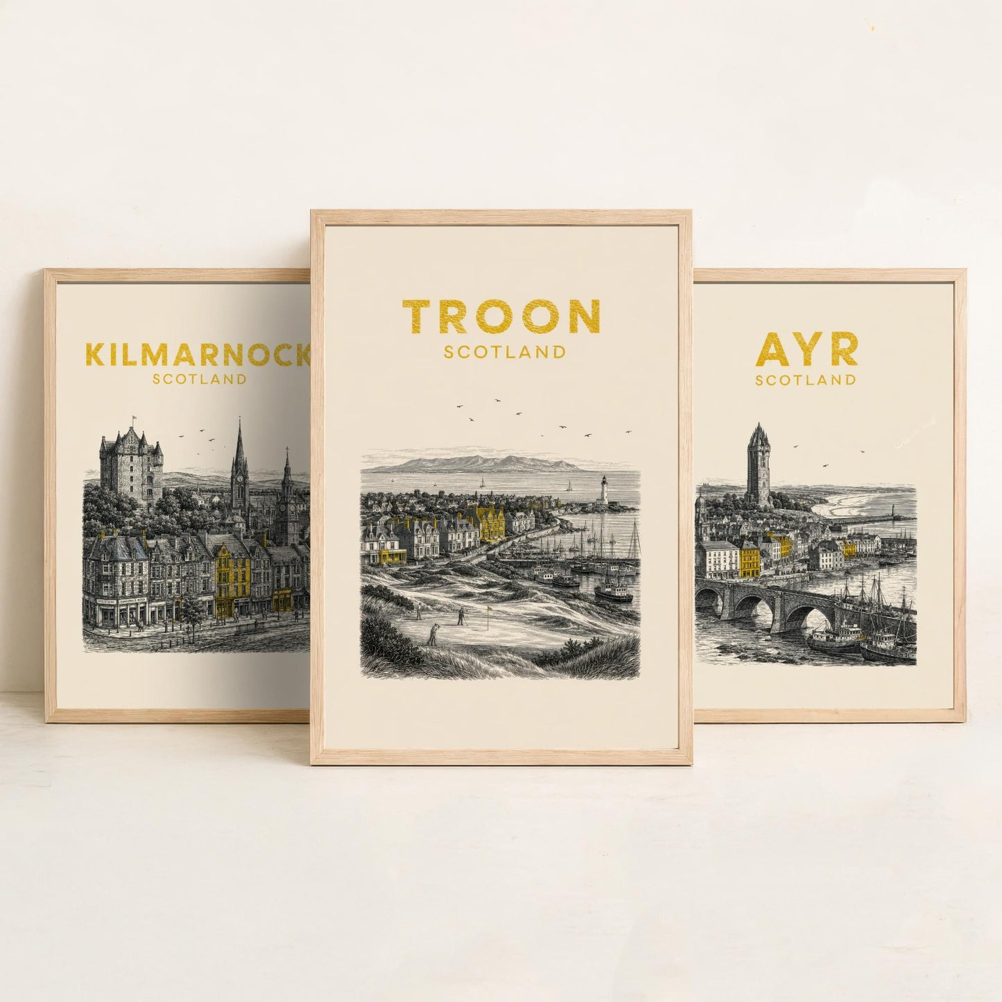Set of Three Ayrshire Travel Posters - Kilmarnock, Ayr, Troon - Vintage Duotone Art Prints - Scotland Illustration Gift