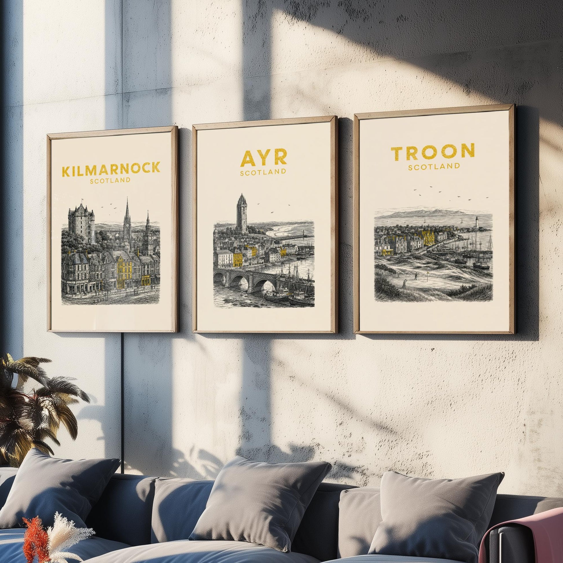 Set of Three Ayrshire Travel Posters - Kilmarnock, Ayr, Troon - Vintage Duotone Art Prints - Scotland Illustration Gift
