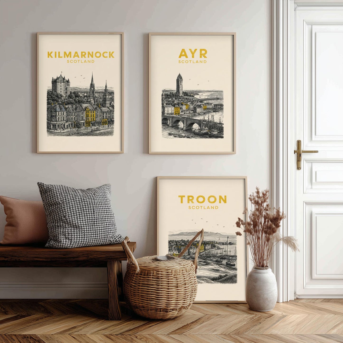 Set of Three Ayrshire Travel Posters - Kilmarnock, Ayr, Troon - Vintage Duotone Art Prints - Scotland Illustration Gift