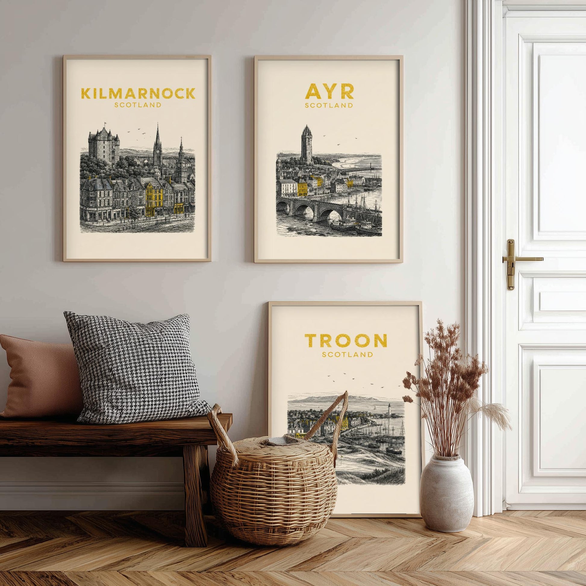 Set of Three Ayrshire Travel Posters - Kilmarnock, Ayr, Troon - Vintage Duotone Art Prints - Scotland Illustration Gift