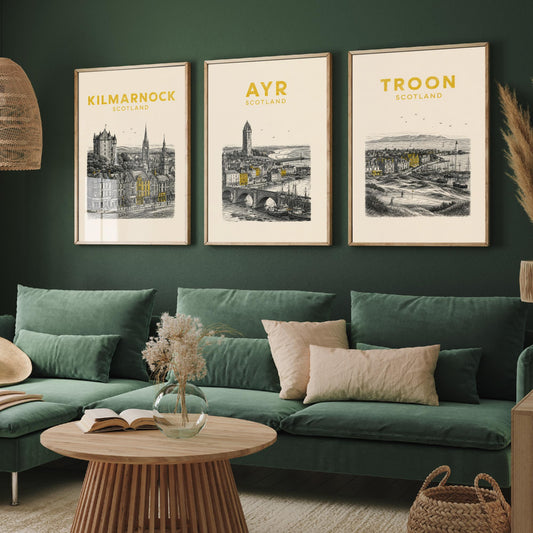 Set of Three Ayrshire Travel Posters - Kilmarnock, Ayr, Troon - Vintage Duotone Art Prints - Scotland Illustration Gift