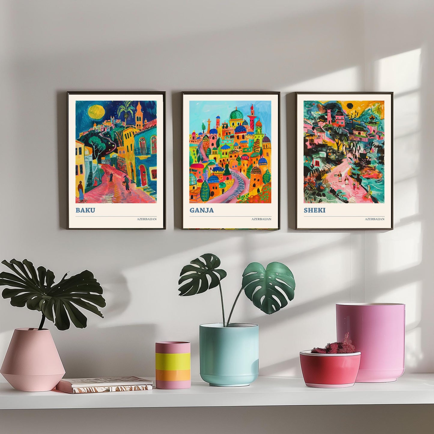 Azerbaijan Set of Three Art Prints - Baku, Ganja, Sheki - 3 Colourful Naive Painting City Posters - Silk Road Travel Decor