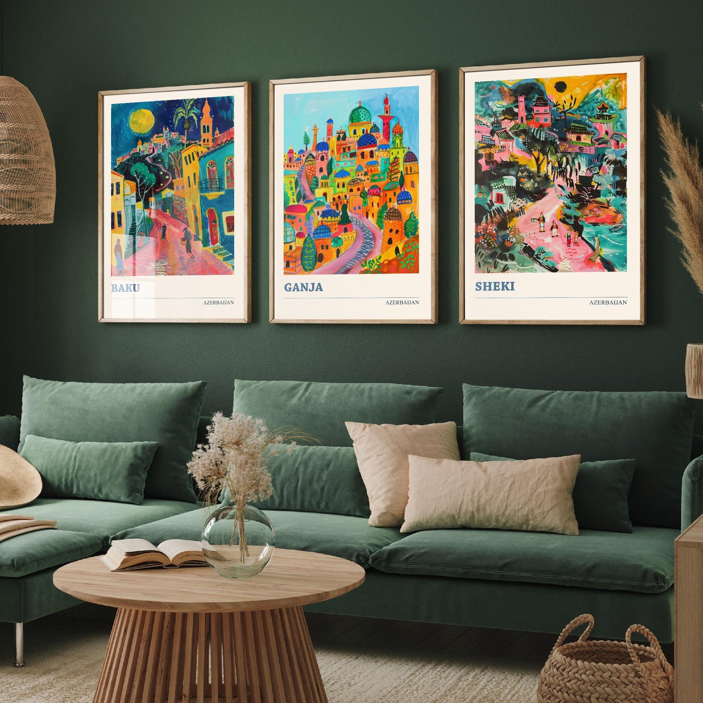 Azerbaijan Set of Three Art Prints - Baku, Ganja, Sheki - 3 Colourful Naive Painting City Posters - Silk Road Travel Decor