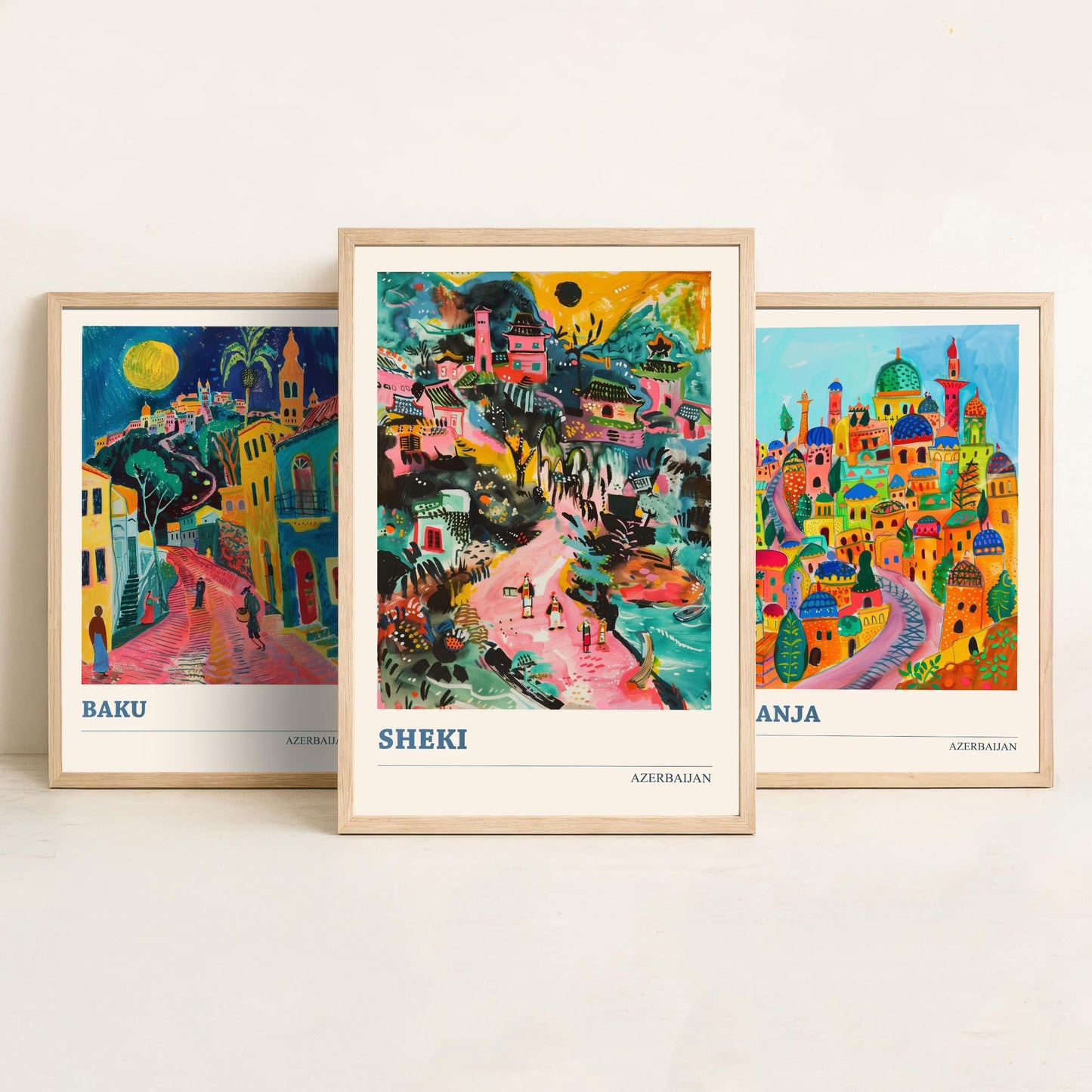 Azerbaijan Set of Three Art Prints - Baku, Ganja, Sheki - 3 Colourful Naive Painting City Posters - Silk Road Travel Decor