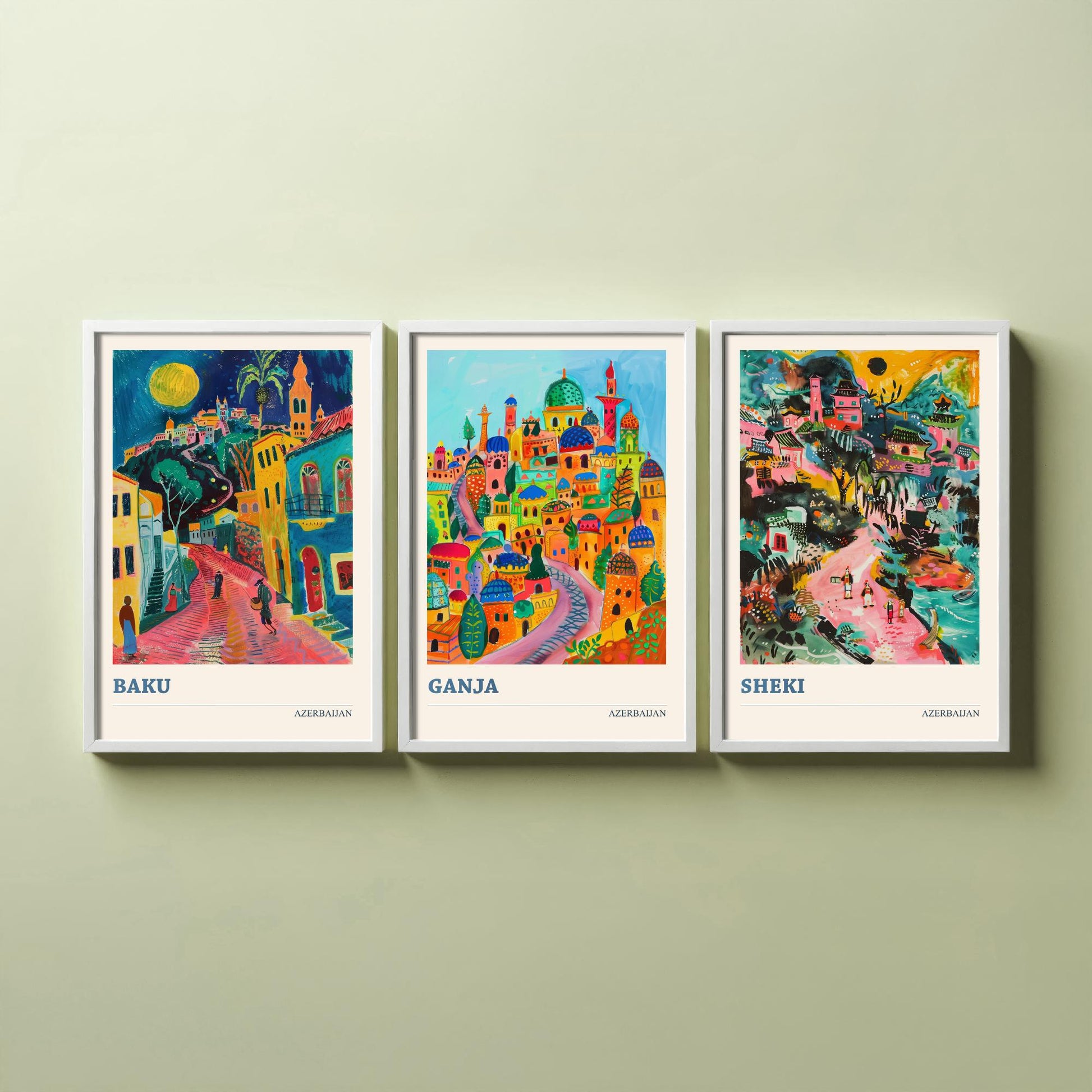 Azerbaijan Set of Three Art Prints - Baku, Ganja, Sheki - 3 Colourful Naive Painting City Posters - Silk Road Travel Decor