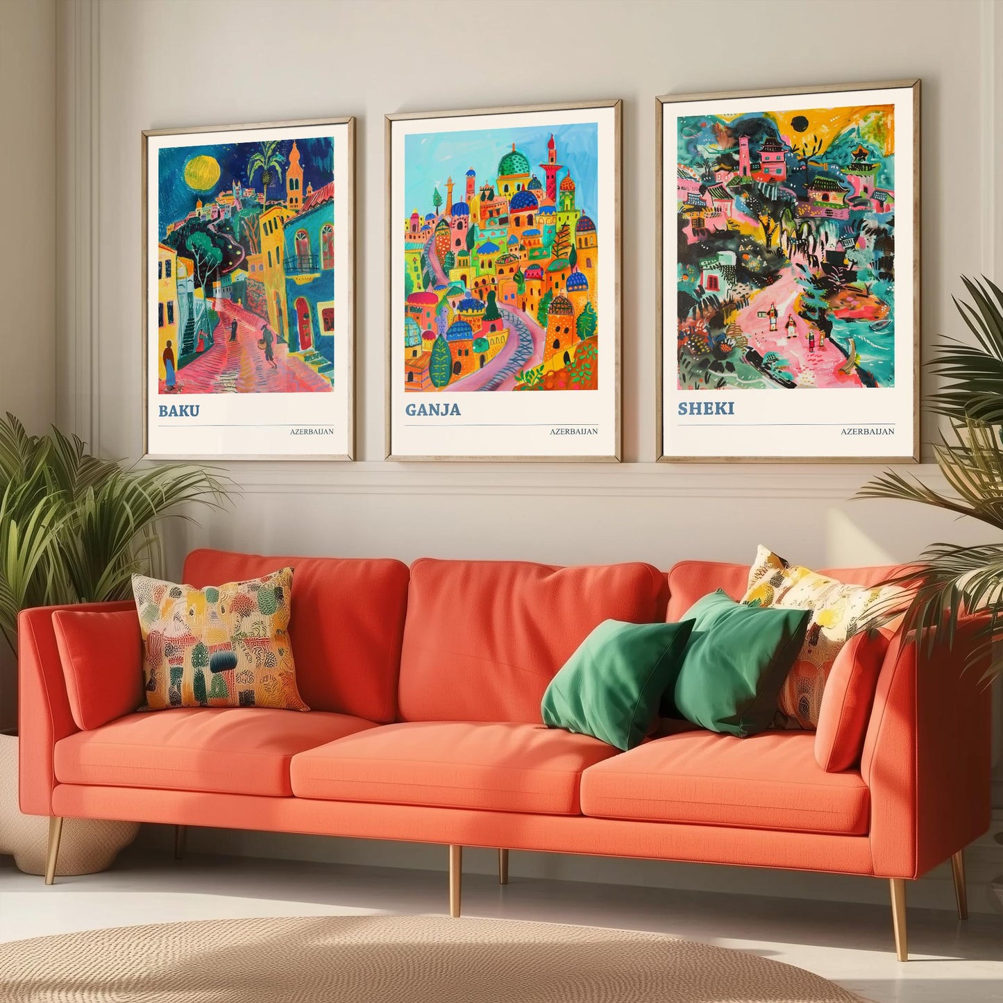 Azerbaijan Set of Three Art Prints - Baku, Ganja, Sheki - 3 Colourful Naive Painting City Posters - Silk Road Travel Decor