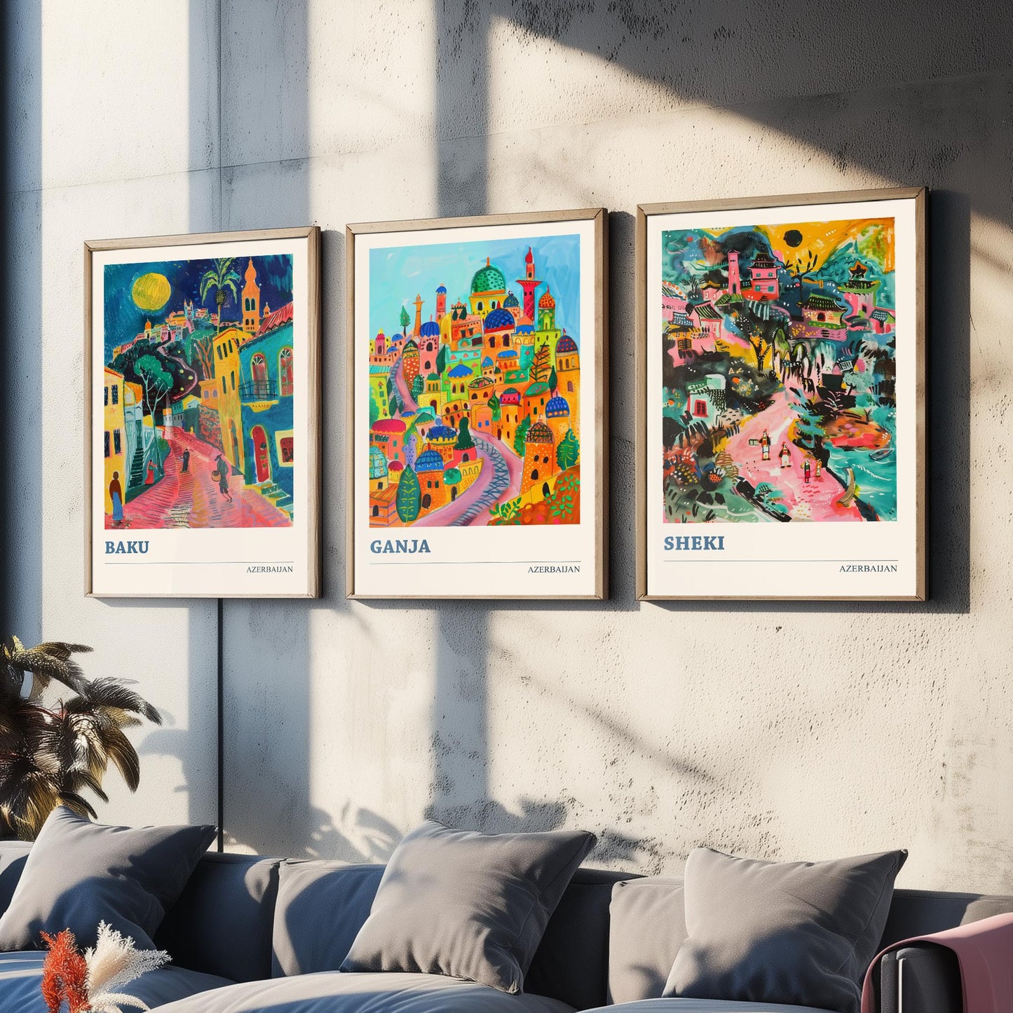 Azerbaijan Set of Three Art Prints - Baku, Ganja, Sheki - 3 Colourful Naive Painting City Posters - Silk Road Travel Decor