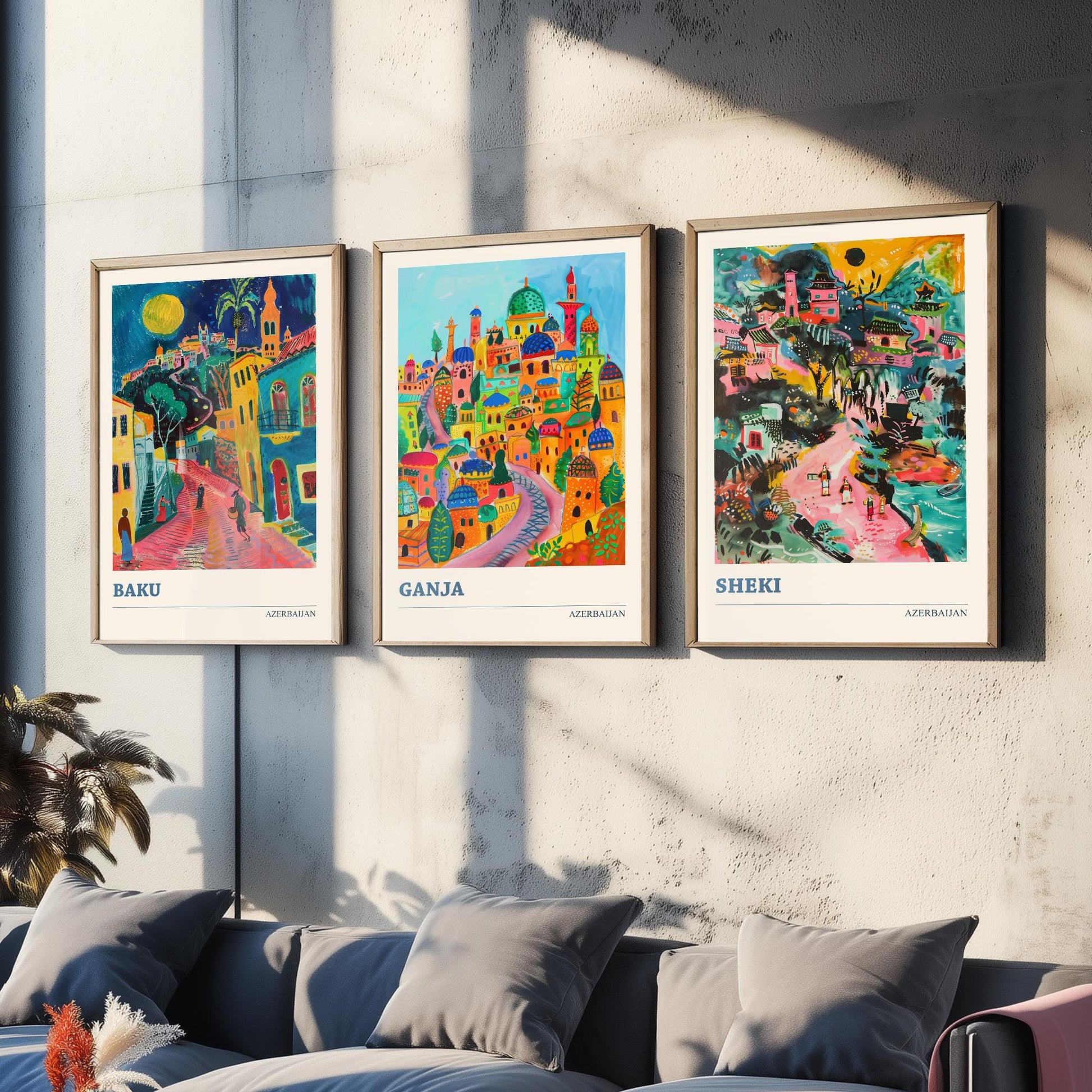 Azerbaijan Set of Three Art Prints - Baku, Ganja, Sheki - 3 Colourful Naive Painting City Posters - Silk Road Travel Decor