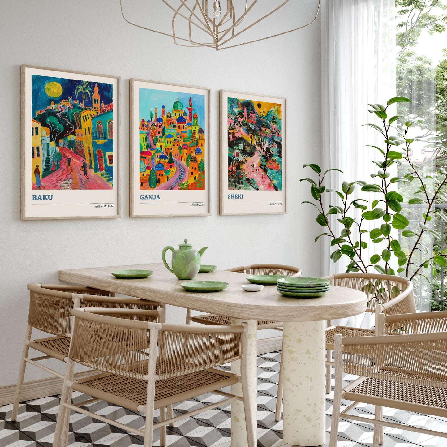 Azerbaijan Set of Three Art Prints - Baku, Ganja, Sheki - 3 Colourful Naive Painting City Posters - Silk Road Travel Decor