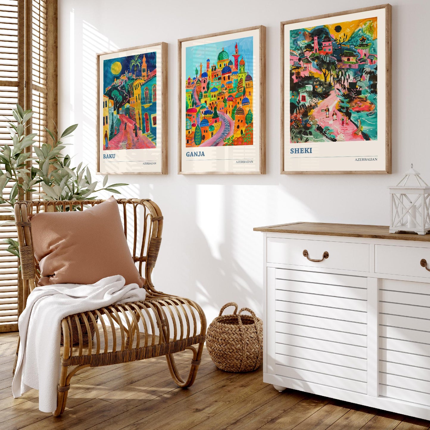 Azerbaijan Set of Three Art Prints - Baku, Ganja, Sheki - 3 Colourful Naive Painting City Posters - Silk Road Travel Decor