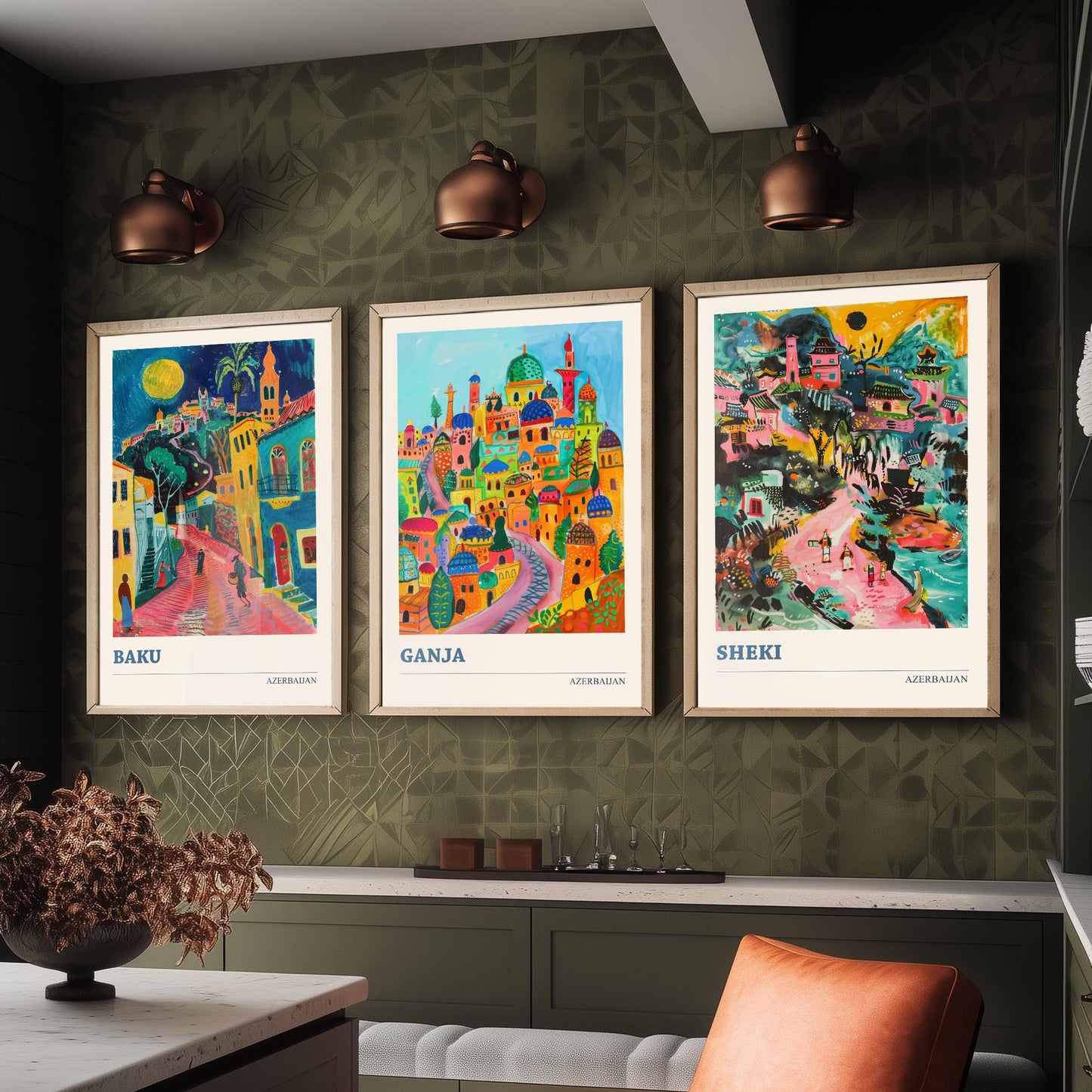 Azerbaijan Set of Three Art Prints - Baku, Ganja, Sheki - 3 Colourful Naive Painting City Posters - Silk Road Travel Decor