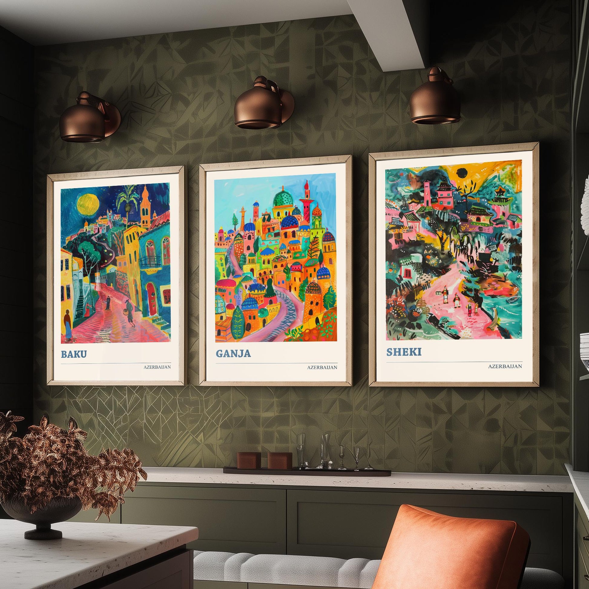 Azerbaijan Set of Three Art Prints - Baku, Ganja, Sheki - 3 Colourful Naive Painting City Posters - Silk Road Travel Decor