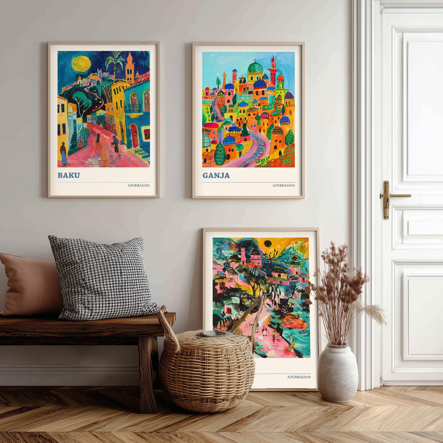 Azerbaijan Set of Three Art Prints - Baku, Ganja, Sheki - 3 Colourful Naive Painting City Posters - Silk Road Travel Decor