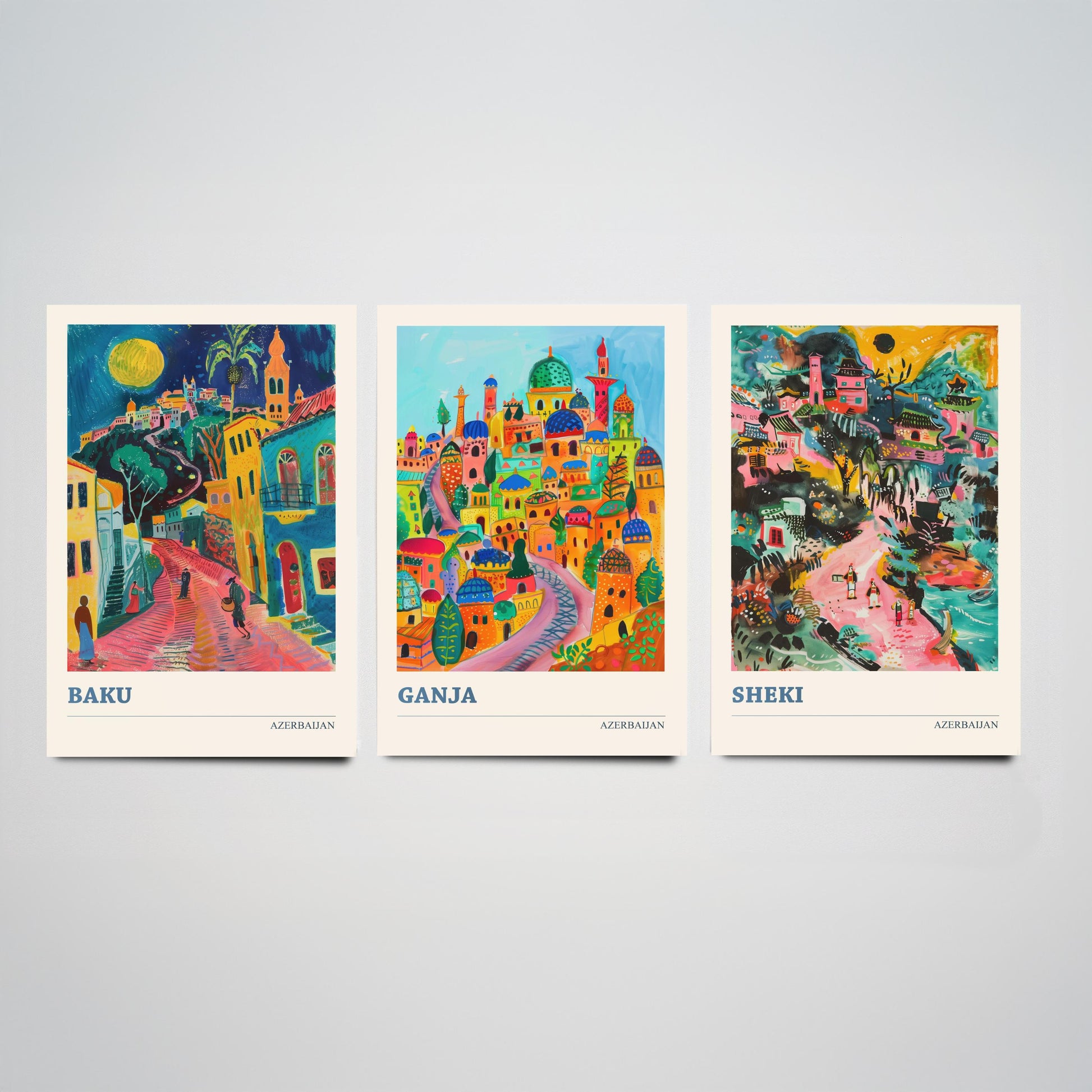 Azerbaijan Set of Three Art Prints - Baku, Ganja, Sheki - 3 Colourful Naive Painting City Posters - Silk Road Travel Decor