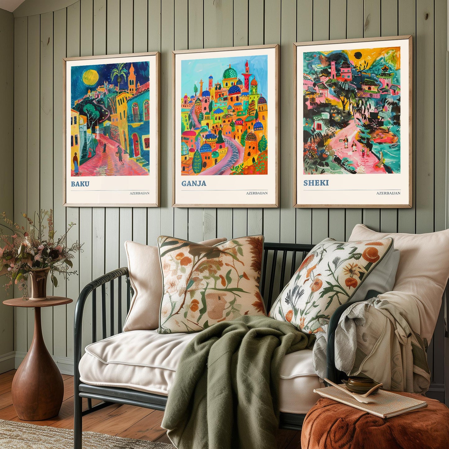 Azerbaijan Set of Three Art Prints - Baku, Ganja, Sheki - 3 Colourful Naive Painting City Posters - Silk Road Travel Decor