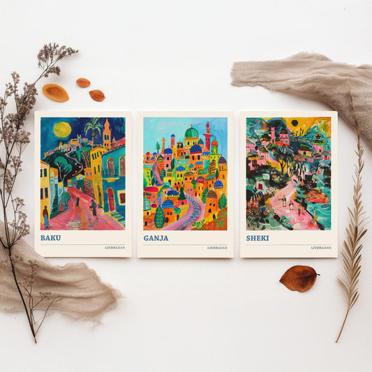 Azerbaijan Set of Three Art Prints - Baku, Ganja, Sheki - 3 Colourful Naive Painting City Posters - Silk Road Travel Decor