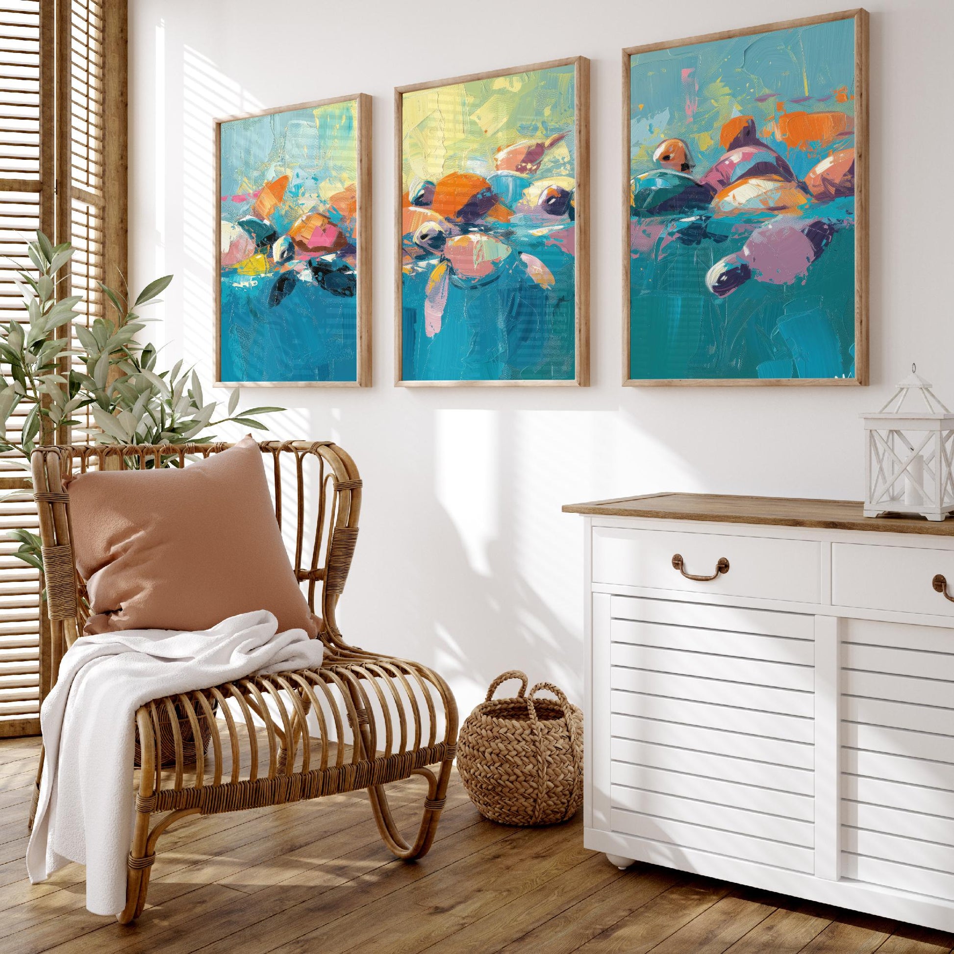 Baby Sea Turtles Set of Three Art Prints - Colourful Brush Stroke Ocean Posters - Turtle Swim Panorama Painting Wall Decor