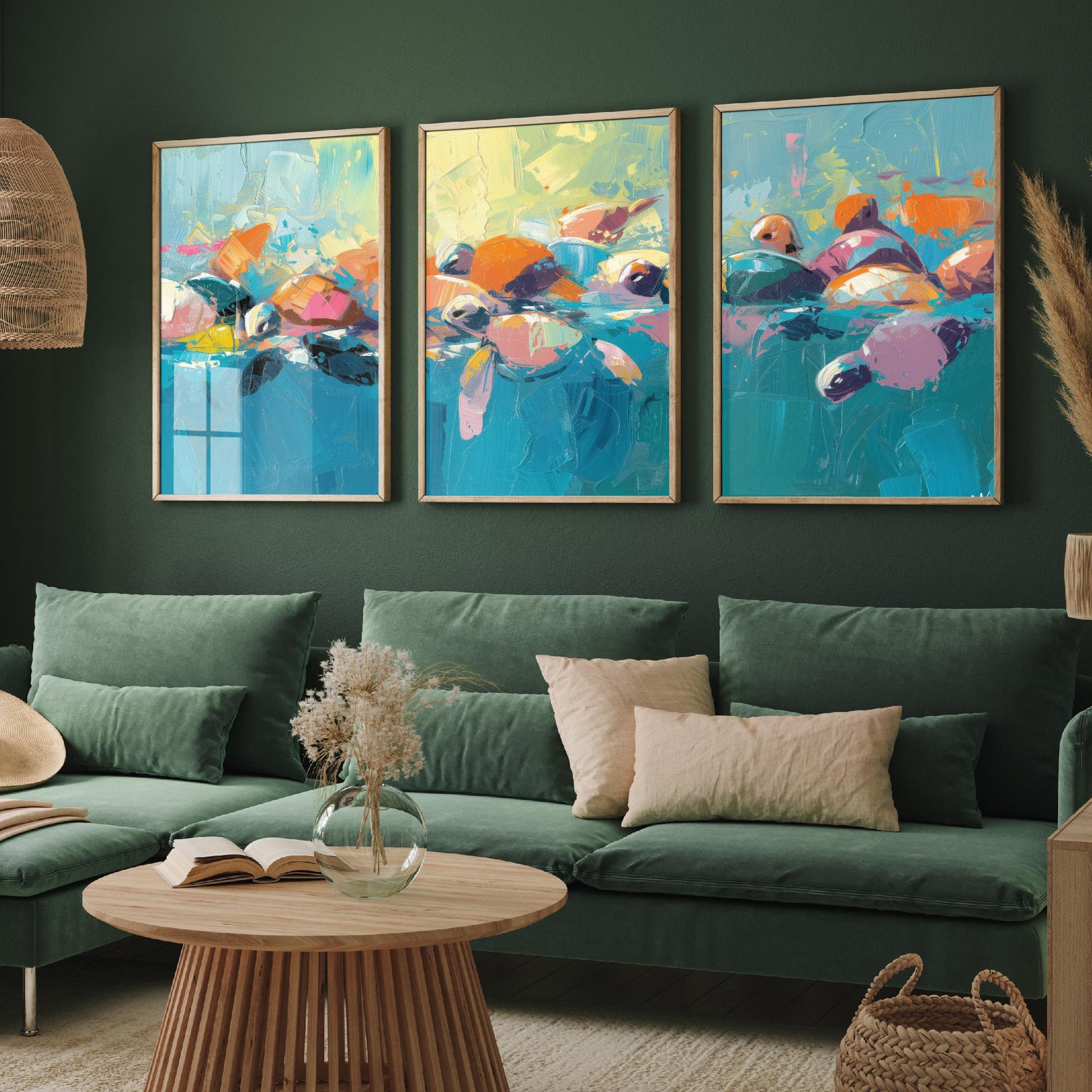 Baby Sea Turtles Set of Three Art Prints - Colourful Brush Stroke Ocean Posters - Turtle Swim Panorama Painting Wall Decor