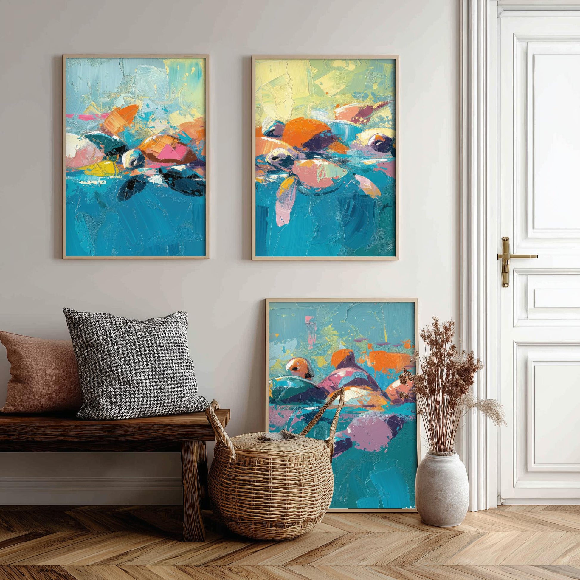 Baby Sea Turtles Set of Three Art Prints - Colourful Brush Stroke Ocean Posters - Turtle Swim Panorama Painting Wall Decor