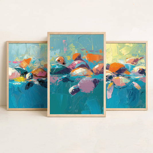 Baby Sea Turtles Set of Three Art Prints - Colourful Brush Stroke Ocean Posters - Turtle Swim Panorama Painting Wall Decor