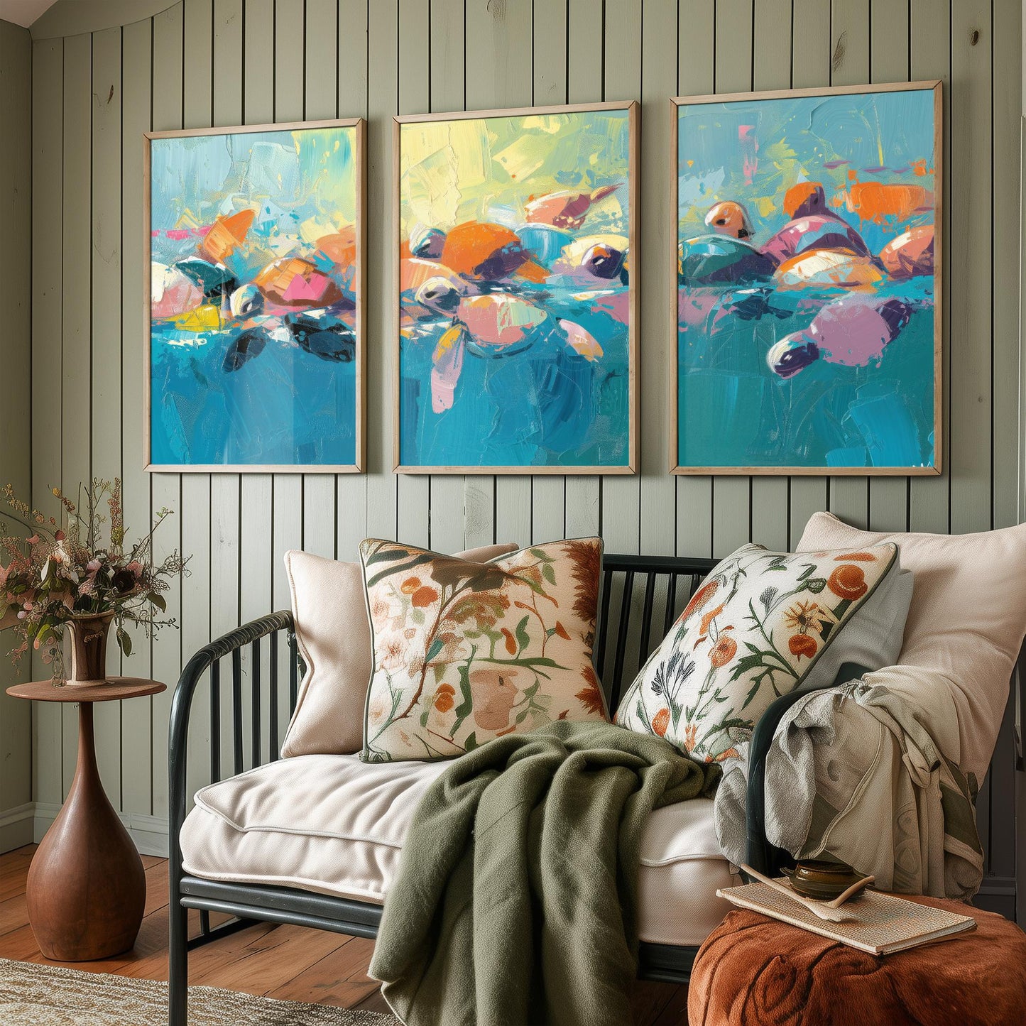 Baby Sea Turtles Set of Three Art Prints - Colourful Brush Stroke Ocean Posters - Turtle Swim Panorama Painting Wall Decor