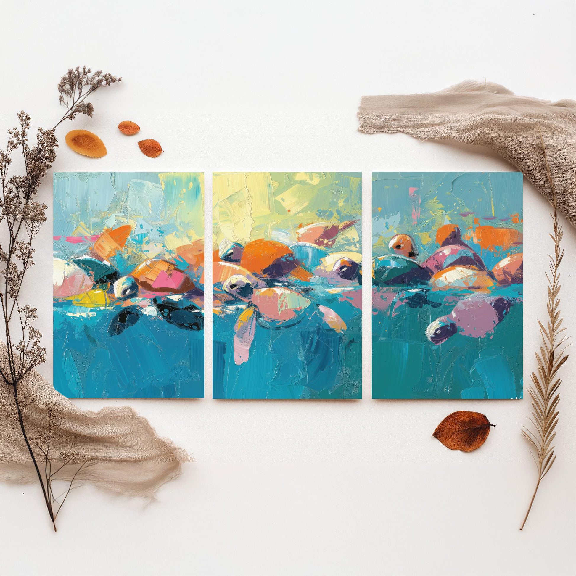 Baby Sea Turtles Set of Three Art Prints - Colourful Brush Stroke Ocean Posters - Turtle Swim Panorama Painting Wall Decor