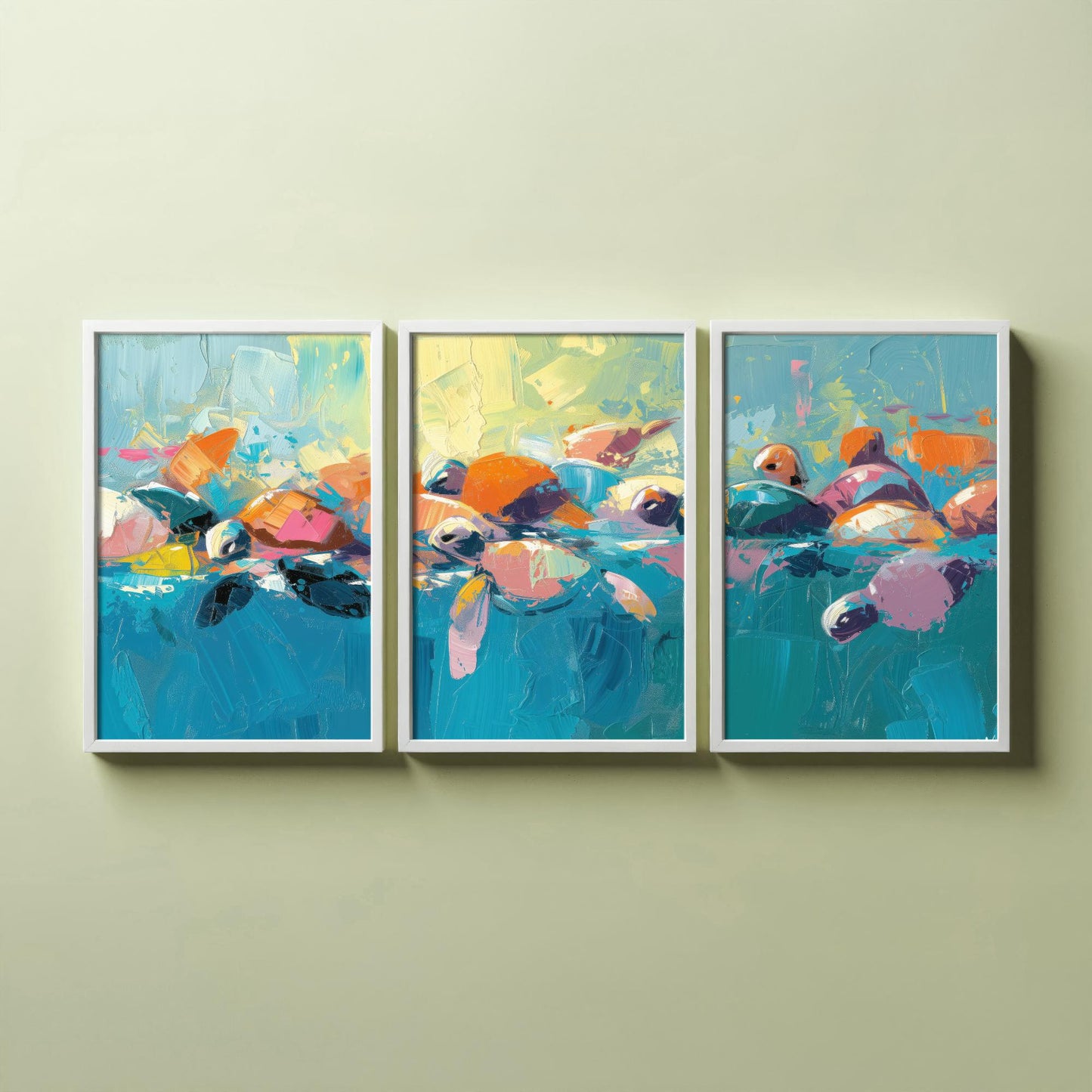Baby Sea Turtles Set of Three Art Prints - Colourful Brush Stroke Ocean Posters - Turtle Swim Panorama Painting Wall Decor