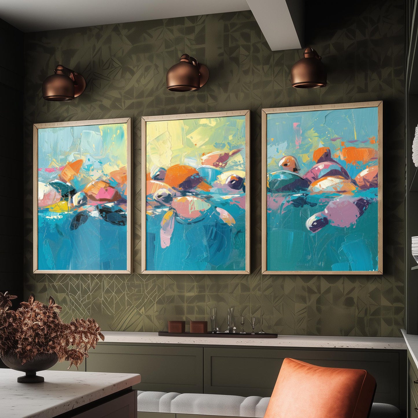 Baby Sea Turtles Set of Three Art Prints - Colourful Brush Stroke Ocean Posters - Turtle Swim Panorama Painting Wall Decor
