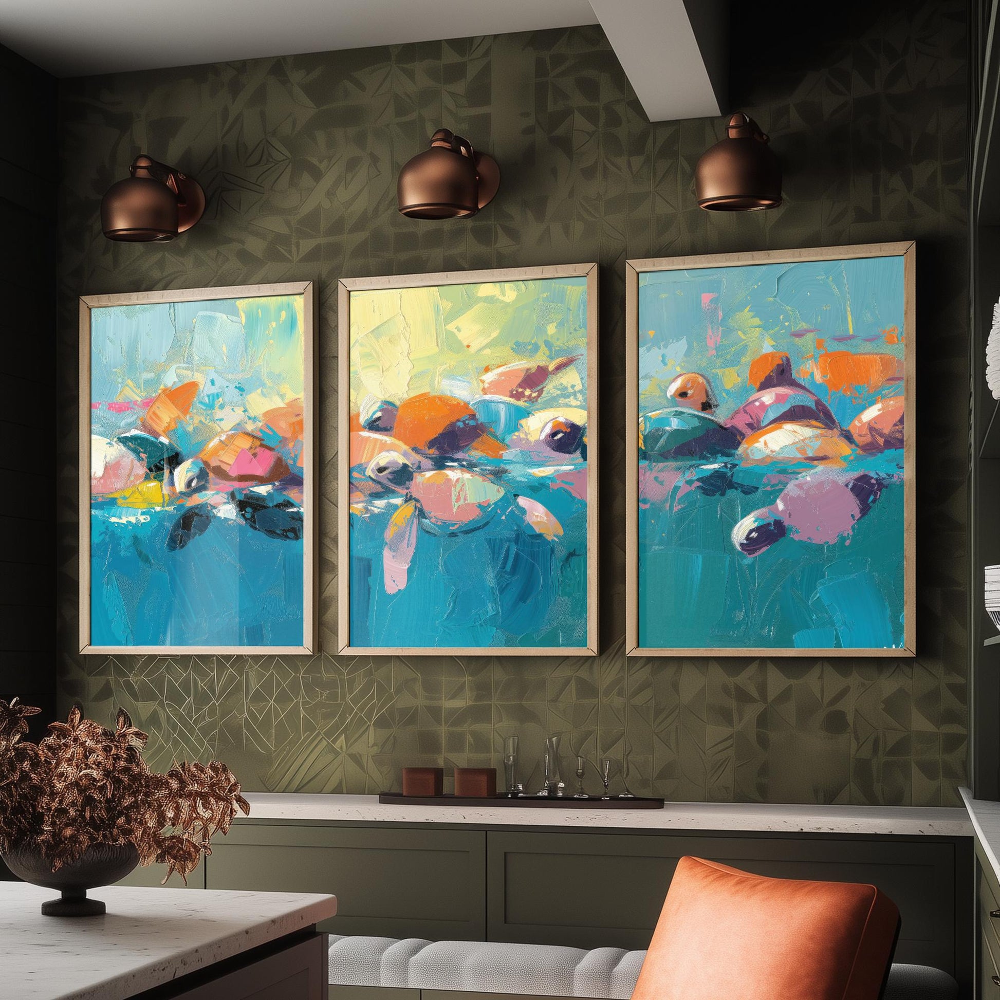 Baby Sea Turtles Set of Three Art Prints - Colourful Brush Stroke Ocean Posters - Turtle Swim Panorama Painting Wall Decor