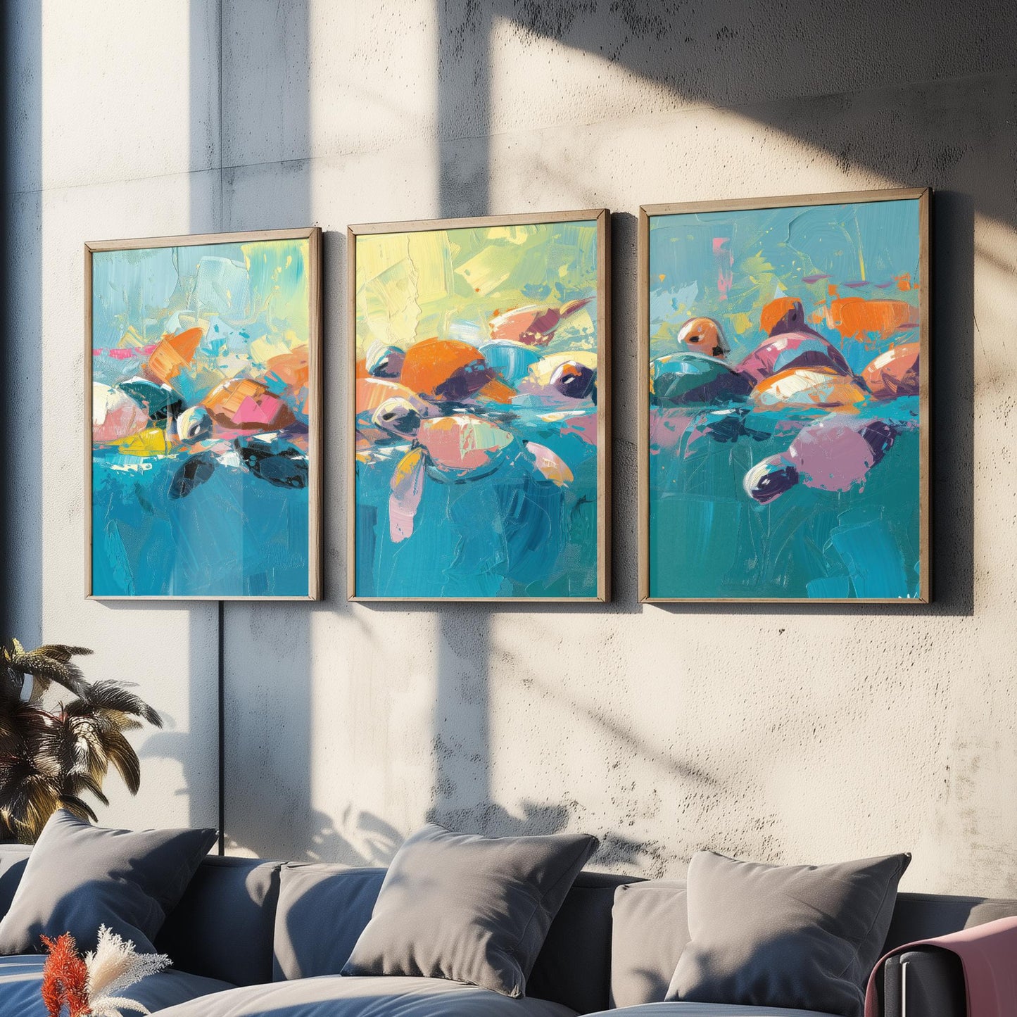 Baby Sea Turtles Set of Three Art Prints - Colourful Brush Stroke Ocean Posters - Turtle Swim Panorama Painting Wall Decor