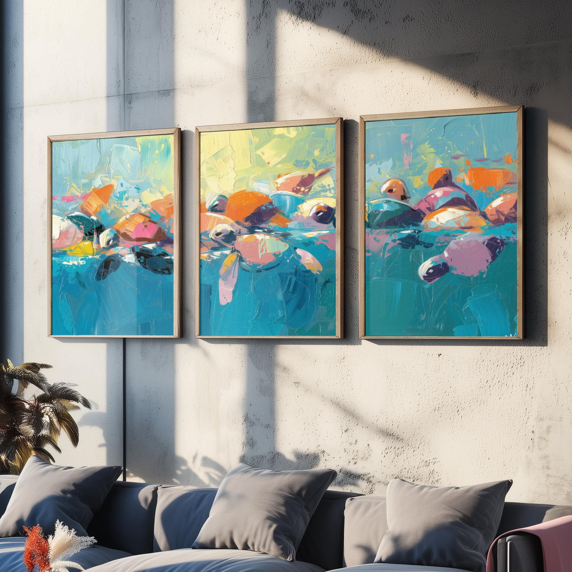 Baby Sea Turtles Set of Three Art Prints - Colourful Brush Stroke Ocean Posters - Turtle Swim Panorama Painting Wall Decor