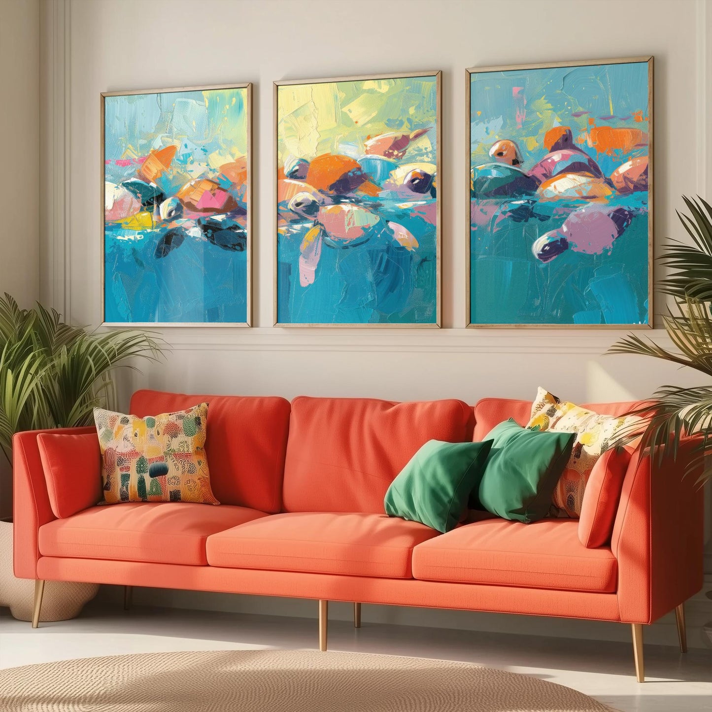 Baby Sea Turtles Set of Three Art Prints - Colourful Brush Stroke Ocean Posters - Turtle Swim Panorama Painting Wall Decor