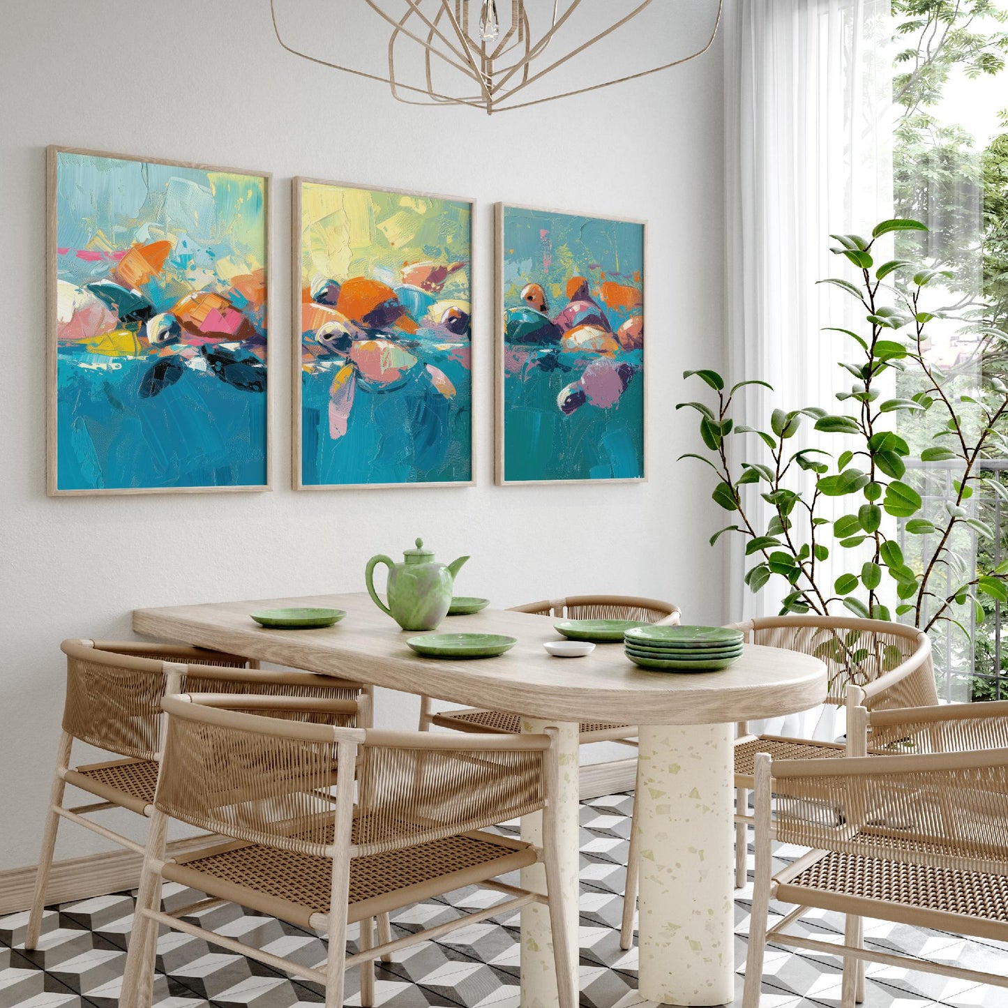 Baby Sea Turtles Set of Three Art Prints - Colourful Brush Stroke Ocean Posters - Turtle Swim Panorama Painting Wall Decor