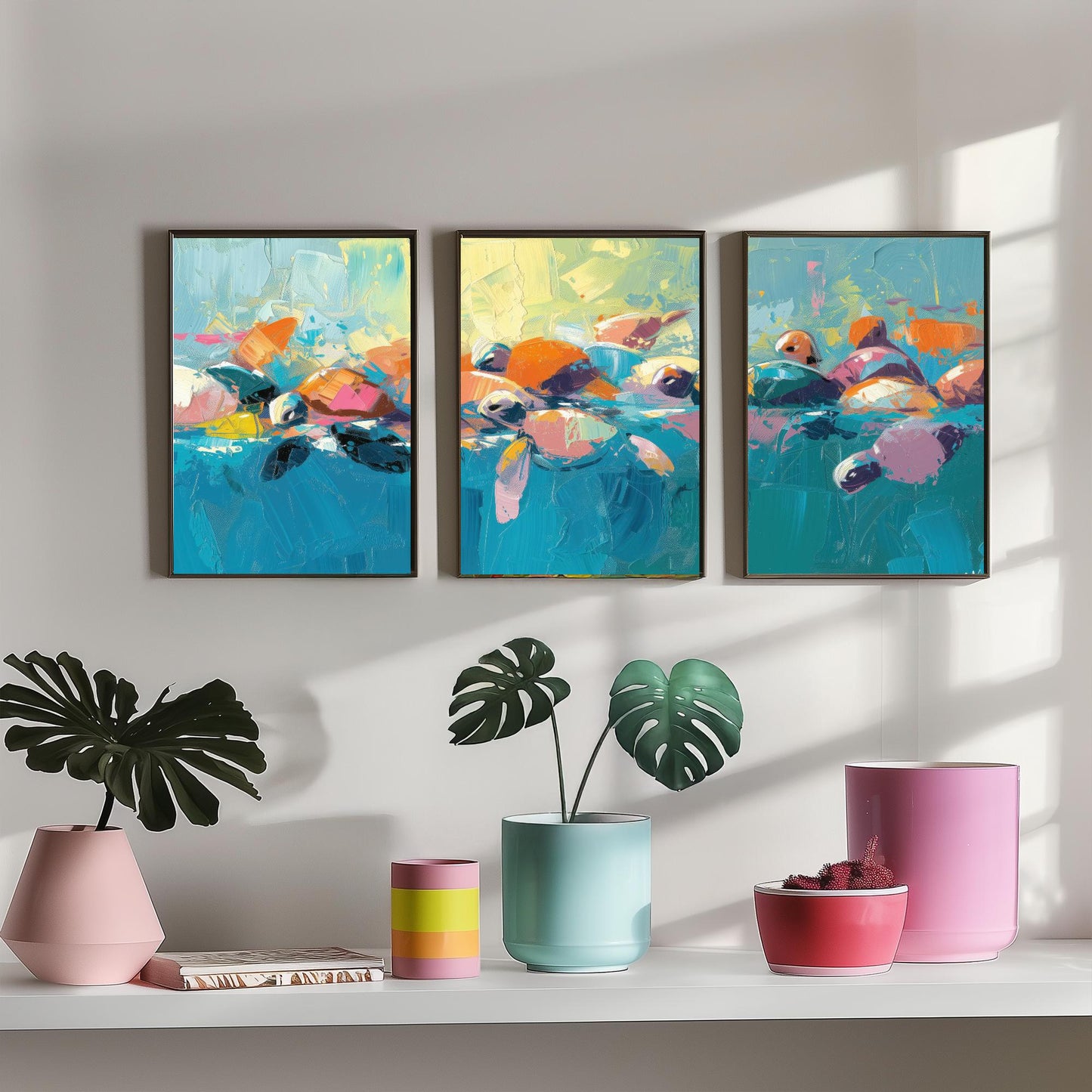 Baby Sea Turtles Set of Three Art Prints - Colourful Brush Stroke Ocean Posters - Turtle Swim Panorama Painting Wall Decor