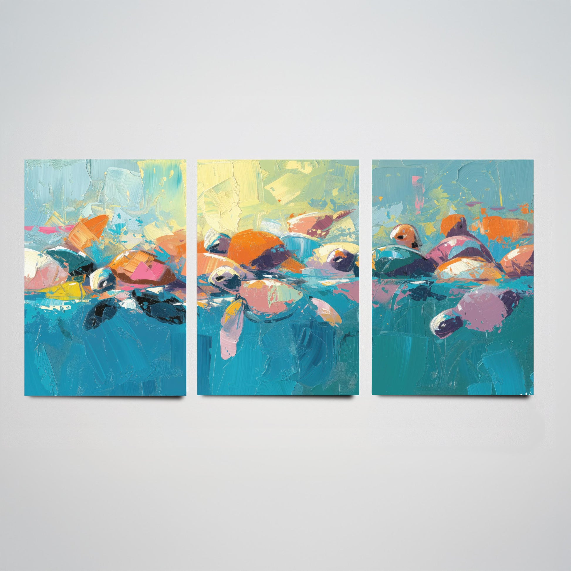 Baby Sea Turtles Set of Three Art Prints - Colourful Brush Stroke Ocean Posters - Turtle Swim Panorama Painting Wall Decor